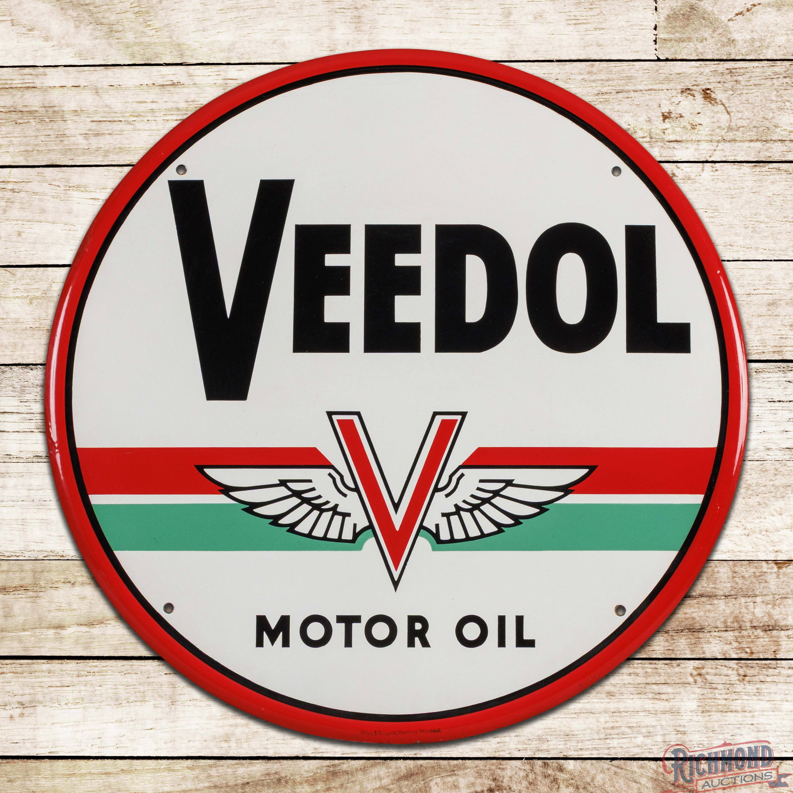Veedol Motor Oil 29.5" Single Sided Porcelain Sign w/ Winged Logo: SSP (single sided porcelain) self-framed sign has excellent color and gloss. The field is clean. The perimeter has small factory blemishes, small chips and an area of color match on the left hand edge