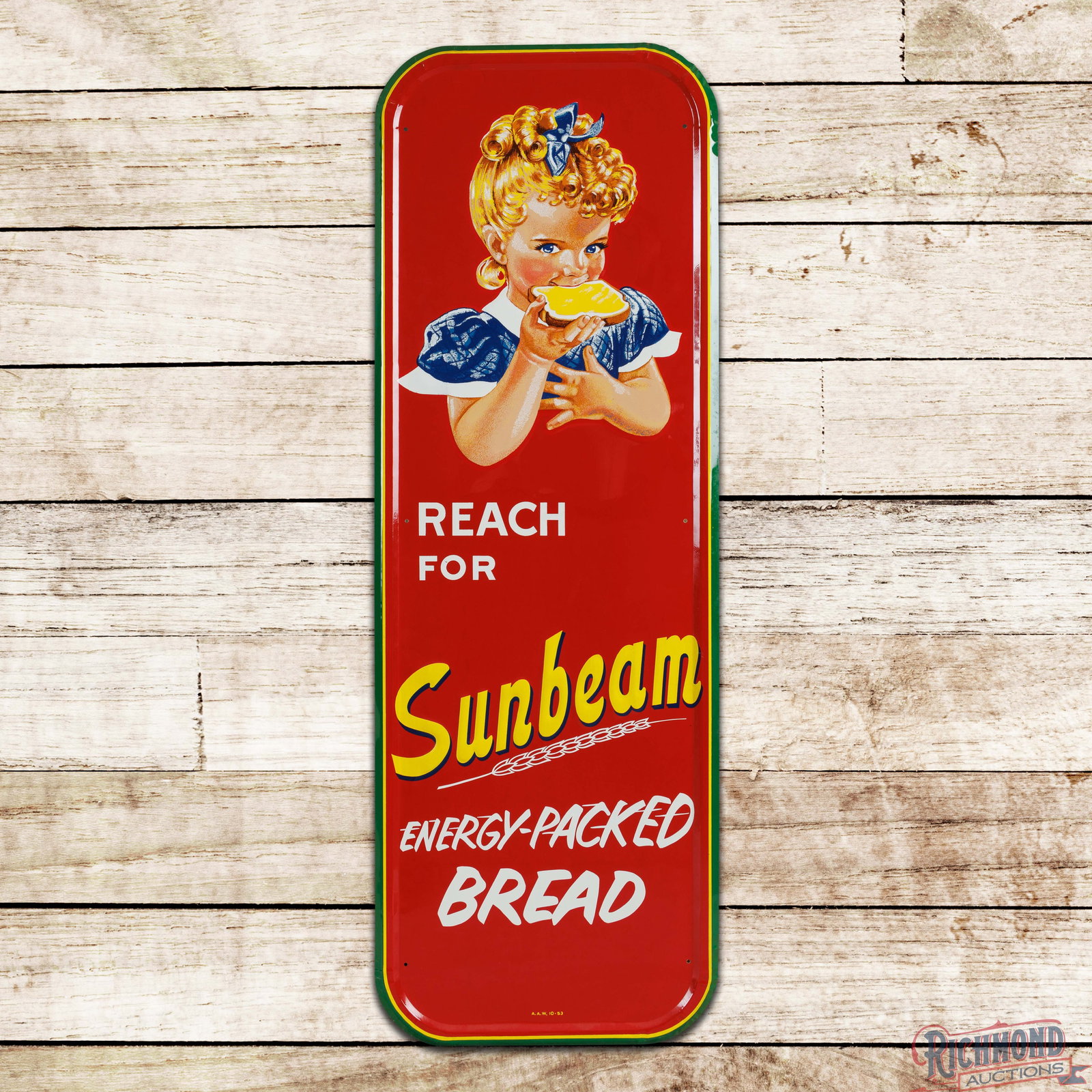 Amazing 1953 Reach For Sunbeam Energy Packed Bread Emb. Single Sided Tin Sign w/ Little Miss Sunbeam (1 of 3)