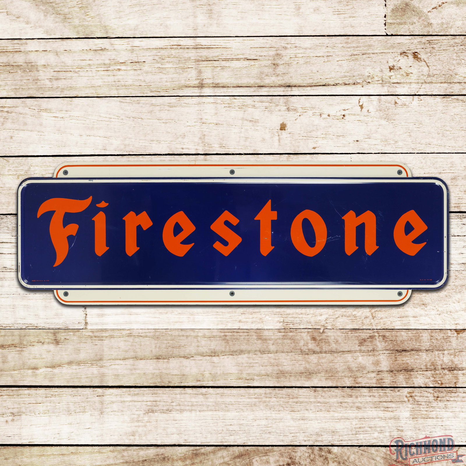 1948 Firestone Tires 6' Single Sided Tin Sign: SST (single sided tin) self-framed sign has very good color and shine. The field has areas of light wear with scratches in the lettering. The perimeter has small paint chips with minor bends along the