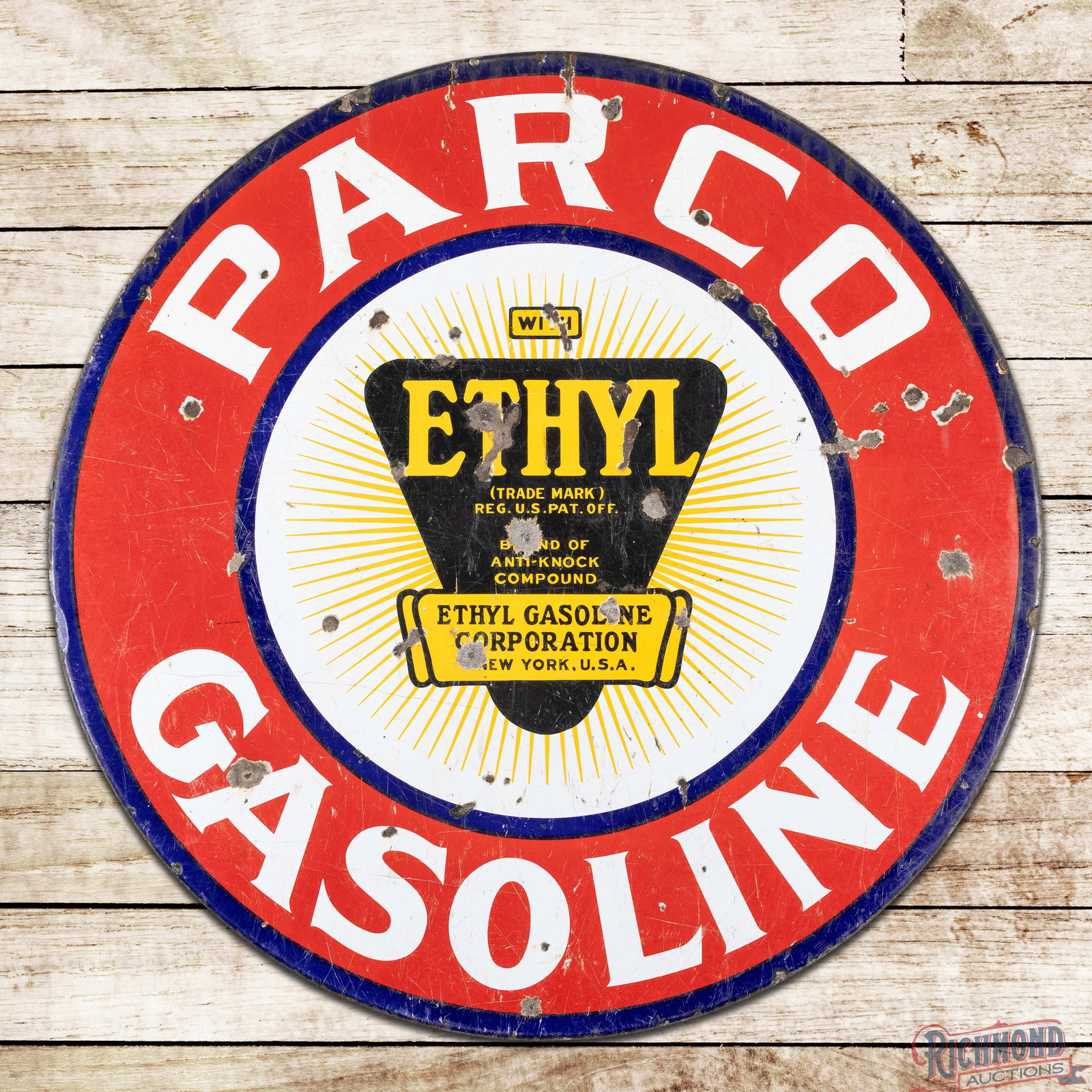 Rare Parco Ethyl Gasoline 42" Double Sided Porcelain Sign w/ Logo Wyoming: DSP (double sided porcelain) sign has good color and moderate gloss. The display has general surface wear throughout with scratches, marks and chips. The reverse is in a similar condition to the displ