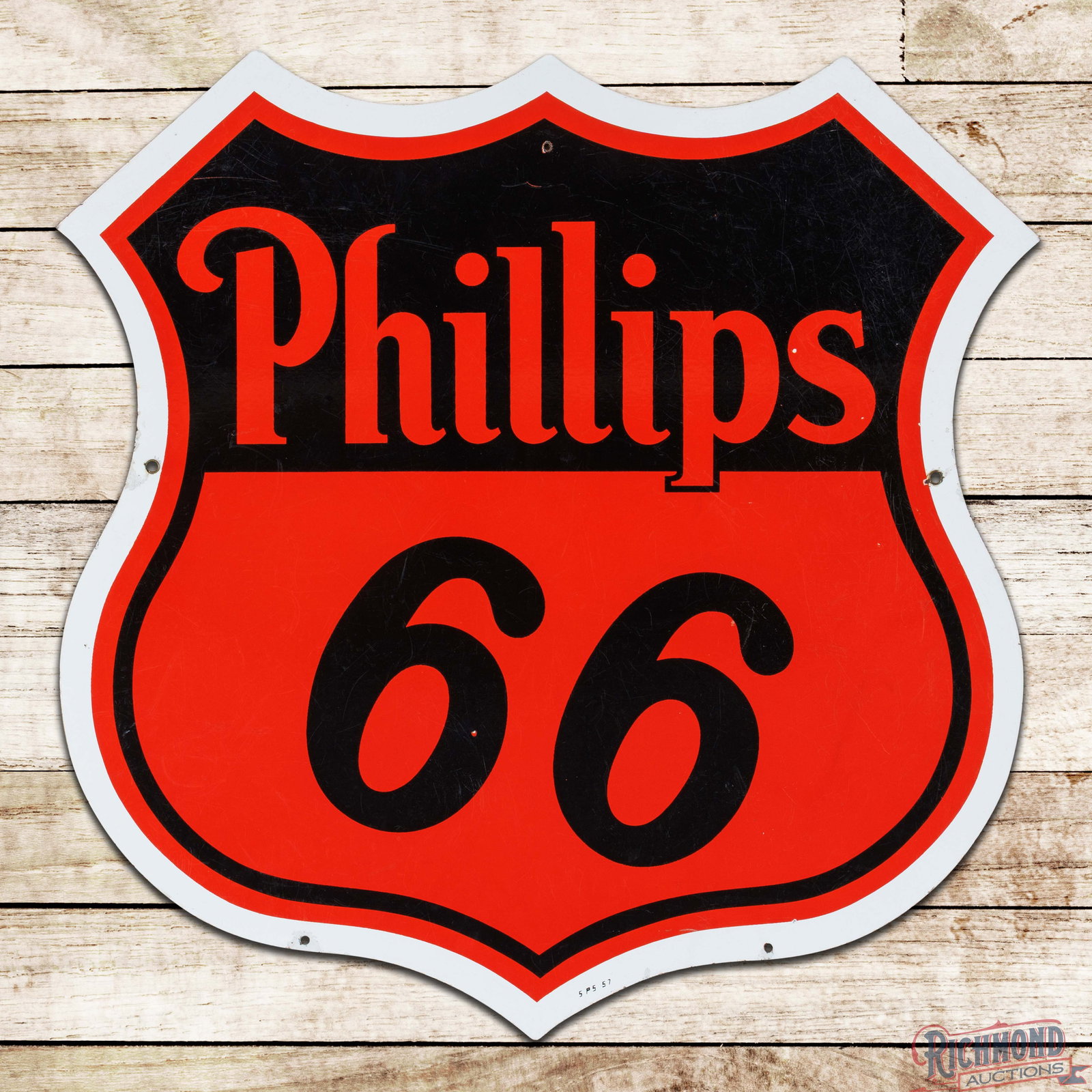 Rare 1957 Phillips 66 30" Double Sided Porcelain Shield Sign "White Border": DSP (double sided porcelain) sign has very good color and gloss. Side #1 has a few tiny chips in the field with areas of surface wear and fine scratches. There is an added mounting hole in the black a