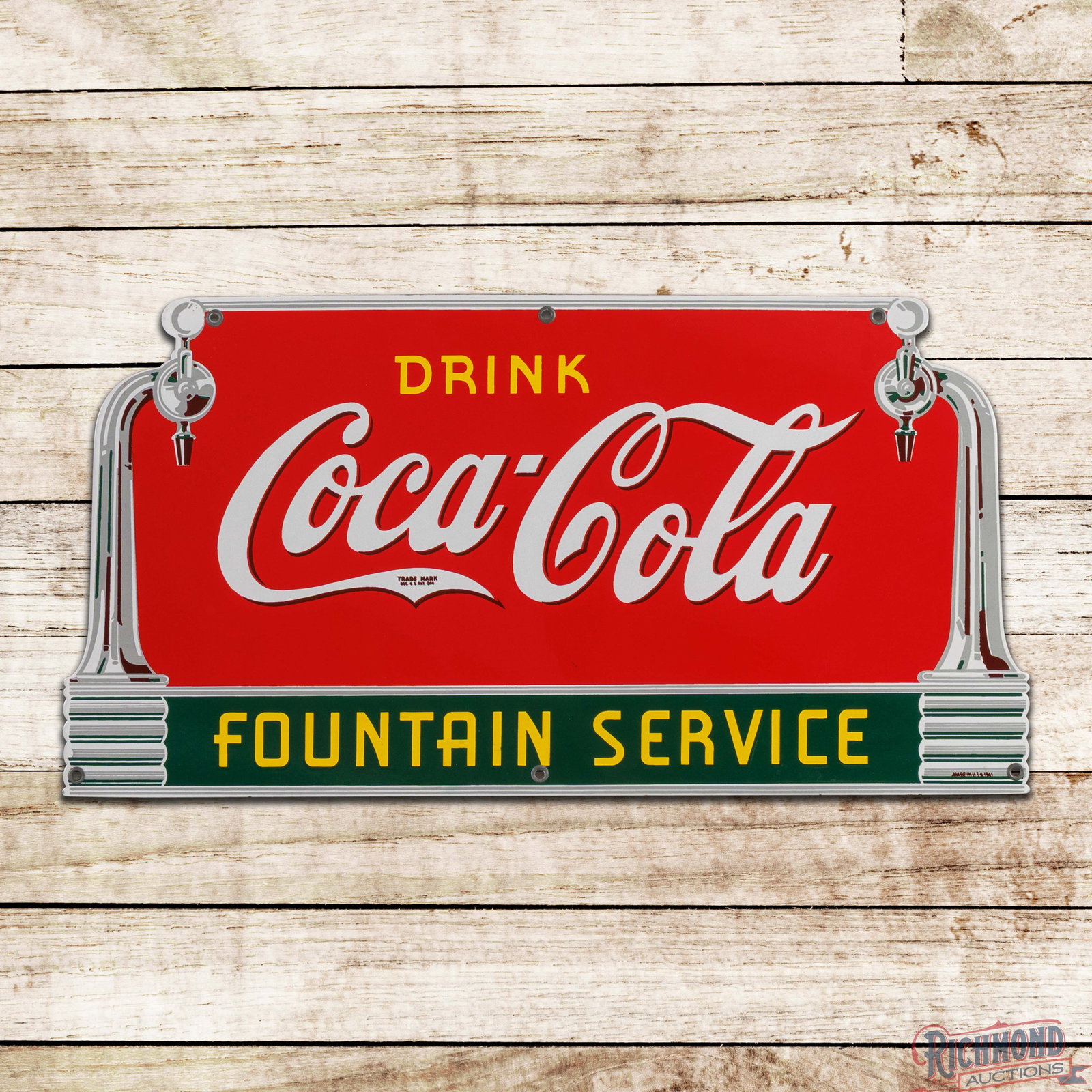 Amazing 1941 Drink Coca Cola Fountain Service Single Sided Porcelain Sign: SSP (single sided porcelain) die cut sign has outstanding color and gloss. The field is exceptionally clean with a tiny area of discoloration in the lower field. The outer fields and perimeter are equ