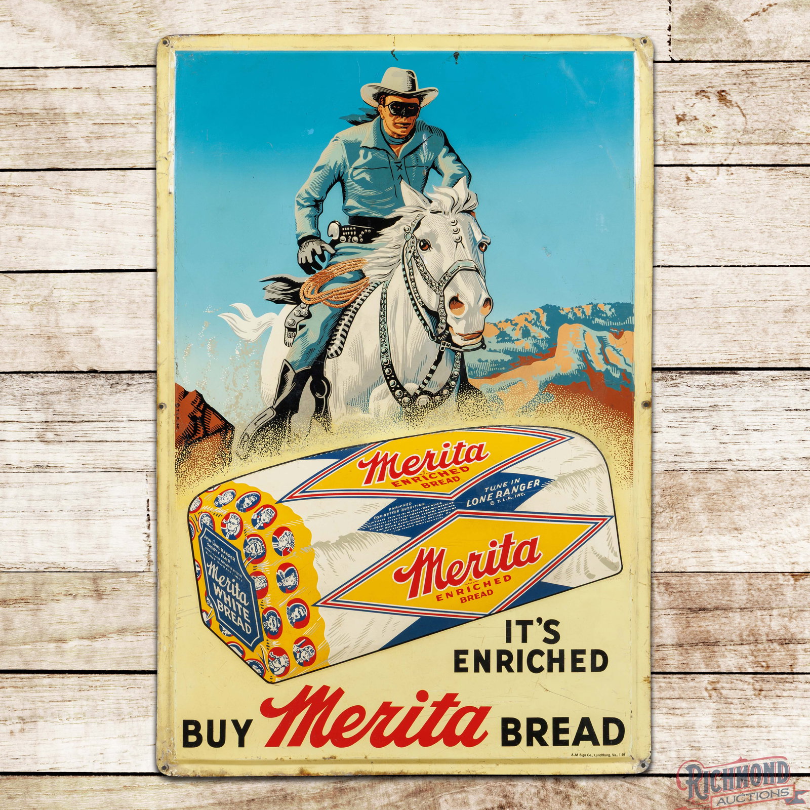 1954 Merita Enriched Bread Heavily Emb. Single Sided Tin Sign w/ Lone Ranger: SST (single sided tin) heavily embossed sign has very good color and shine. The field has light wear with fine scratches and small dings in the upper outer fields. The perimeter has bends on the upper