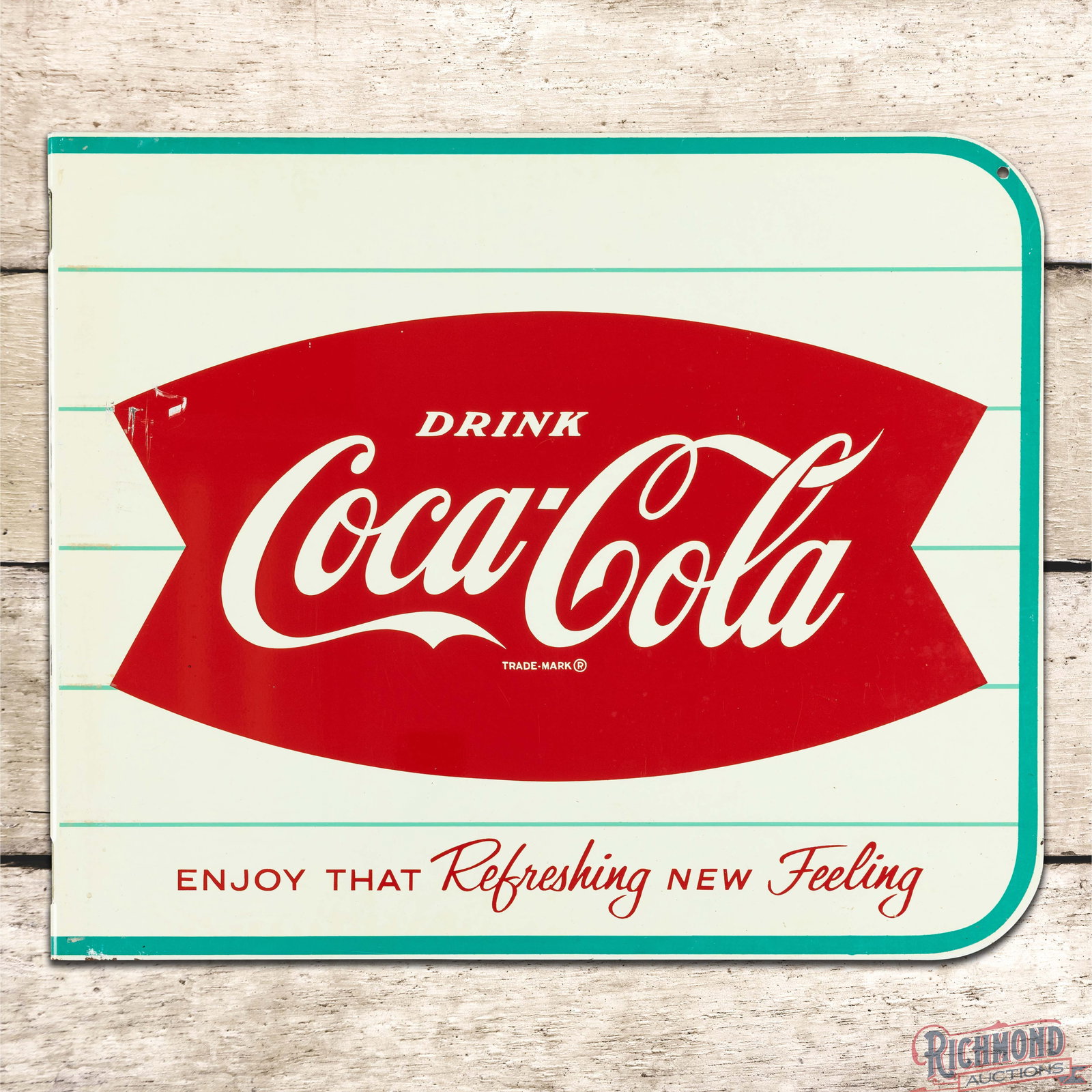 Drink Coca Cola "Enjoy That Refreshing New Feeling" Double Sided Tin Flange Sign w/ Fishtail (1 of 4)