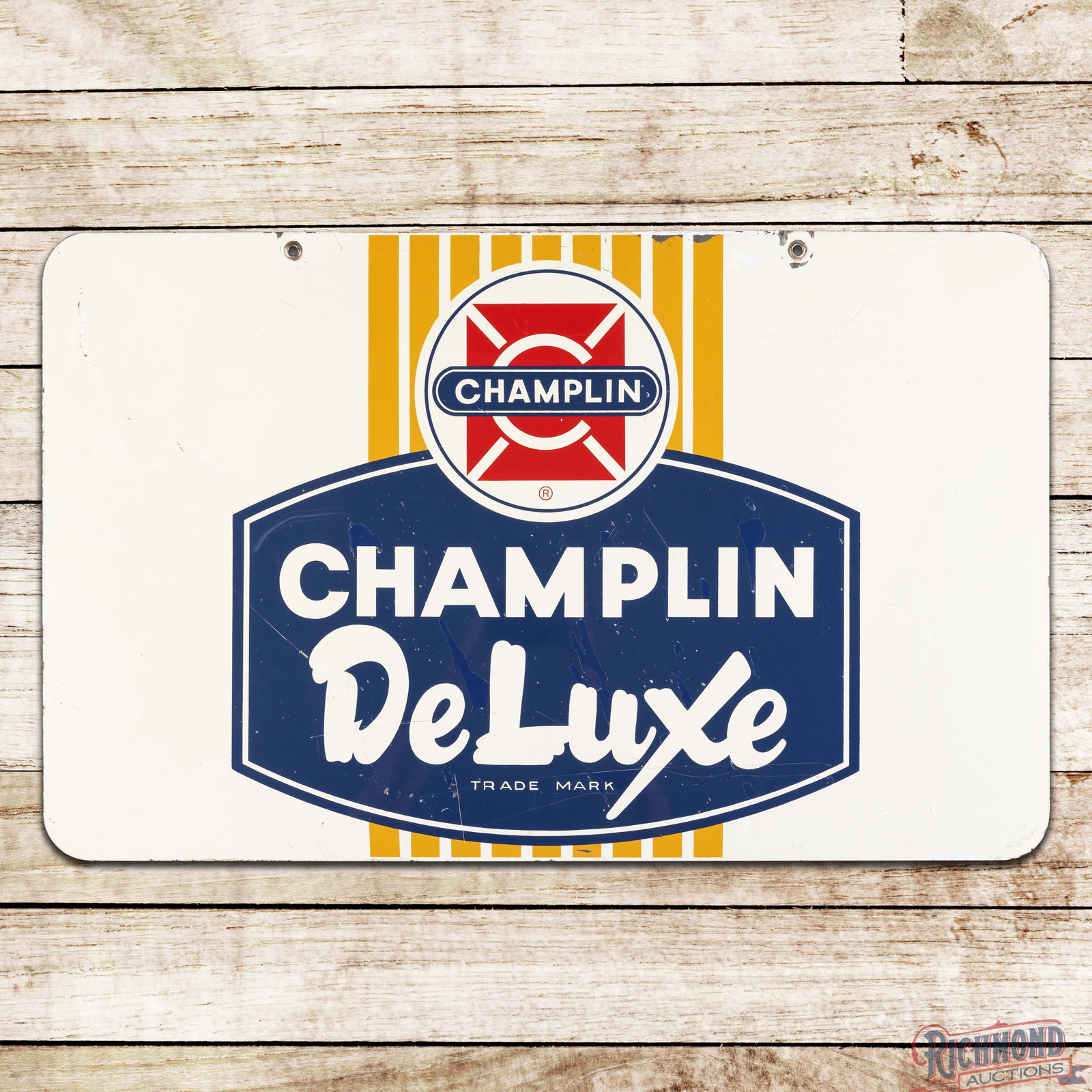 Champlin Deluxe Motor Oils Double Sided Tin Sign w/ logo: DST (double sided tin) sign has very good color and shine. The display has scratches with errant paint drips and areas of minor color match in the fields. The perimeter has additional color match alon