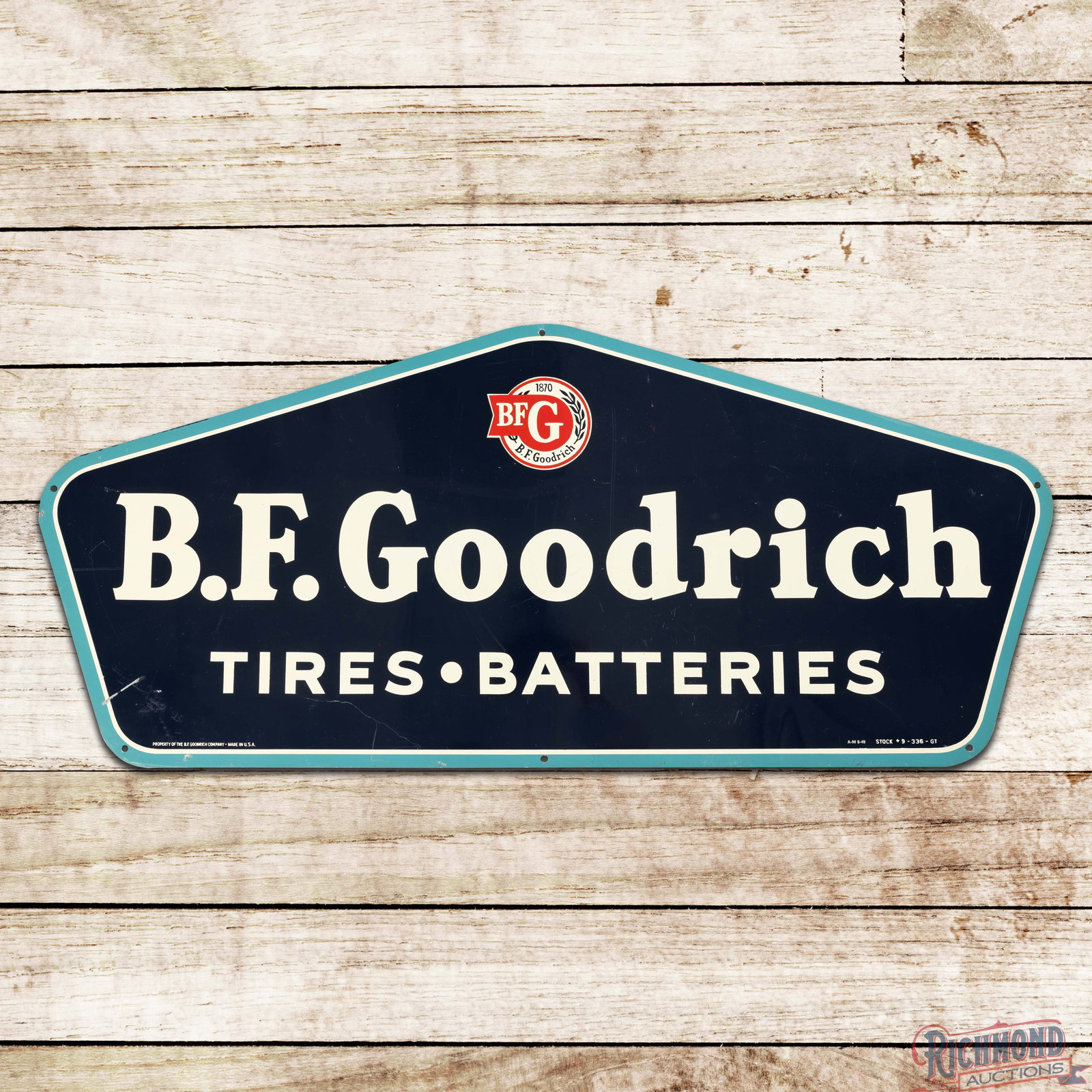 1949 BF Goodrich Tires Batteries Die Cut Single Sided Tin Sign w/ Logo: SST (single sided tin) die cut sign has very good color and shine. The field has surface wear with fine scratches and a small ding in the right field. The perimeter has vertical bends along the upper 