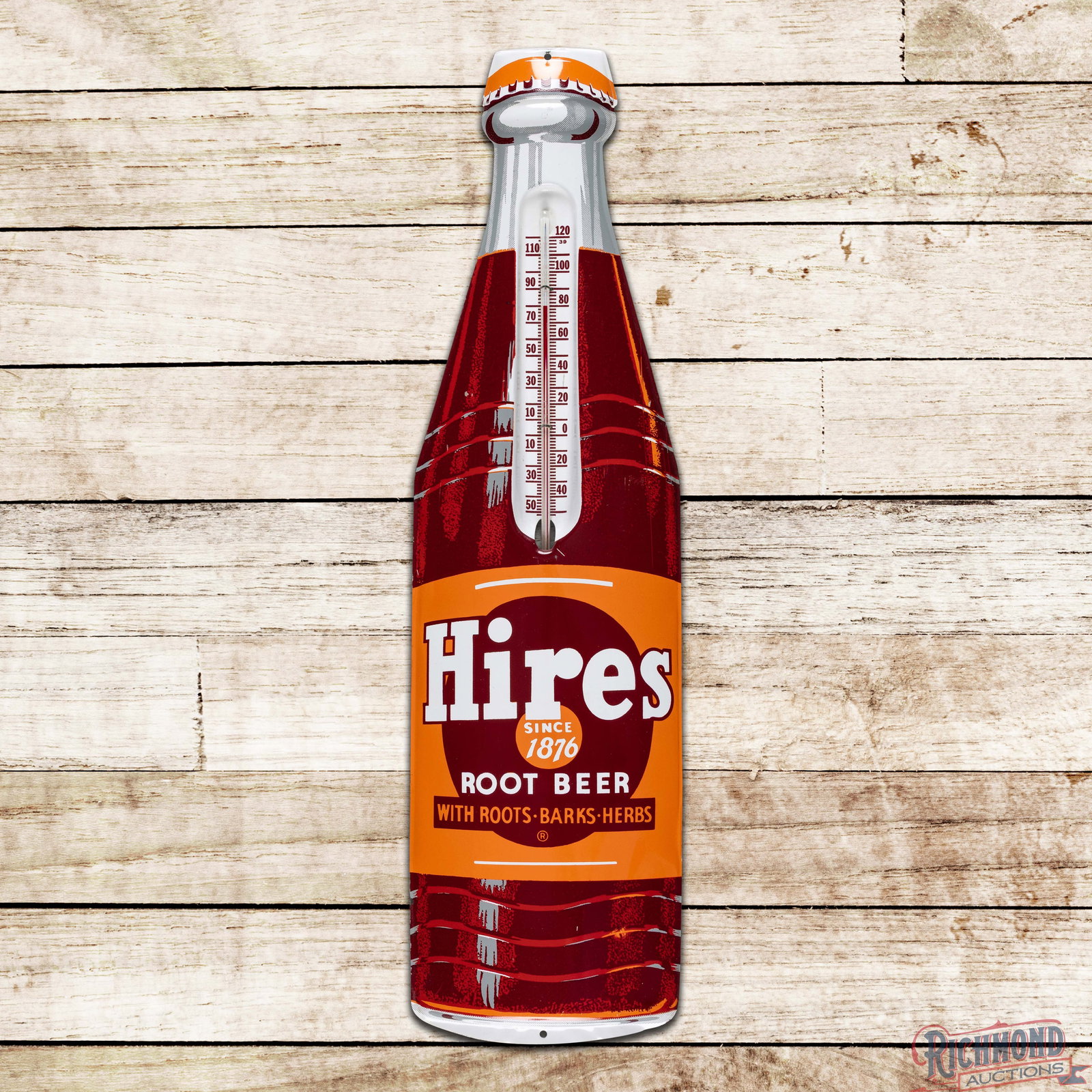 Hires Root Beer "Since 1876" Single Sided Tin Die Cut Bottle Advertising Thermometer: SST (single sided tin) convex die cut thermometer has outstanding color and shine. The tube is present and works correctly. The fields are very clean overall with a few tiny nicks and paint chips. The