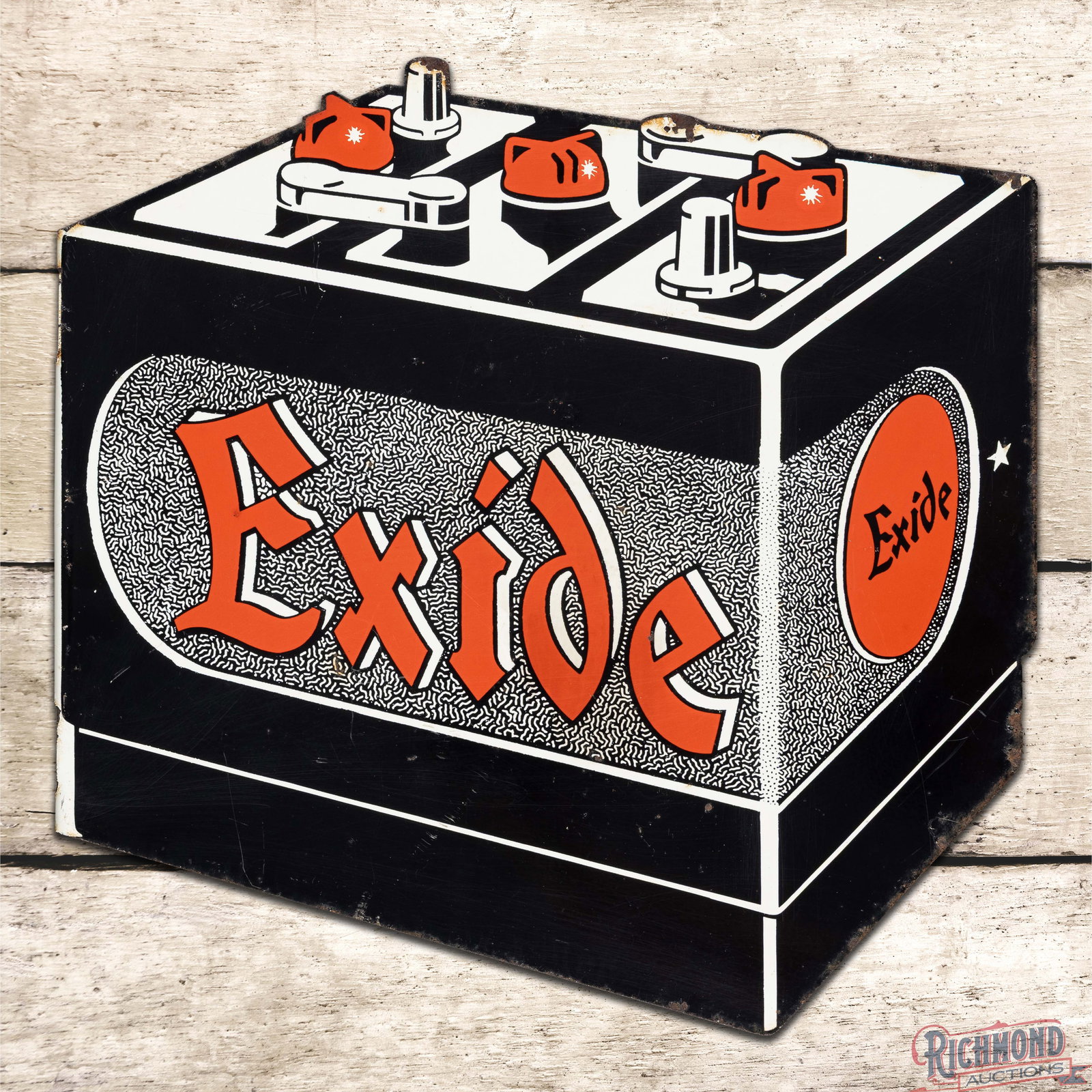 1955 Exide Batteries Double Sided Tin Die Cut Flange Sign: DST (double sided tin) die cut flange has good color and shine. Side #1 has areas of surface wear in the fields with blistering and minor oxidation. The perimeter has paint chips, edge wear and two fa