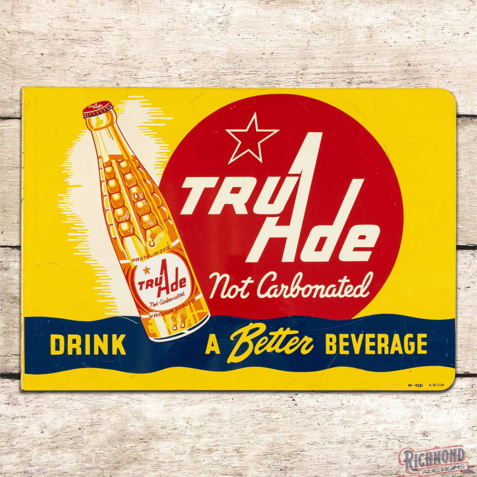 1954 Tru Ade Drink A Better Beverage Double Sided Tin Flange Sign w/ Bottle: DST (double sided tin) flange has very good color and shine. Side #1 has light wear with fine scratches in the fields and the perimeter. The reverse is in a very similar condition to the display with 
