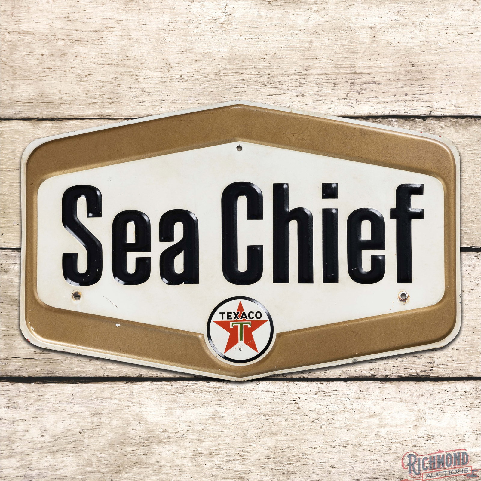 Texaco Sea Chief Gasoline Emb. Single Sided Tin Pump Plate Sign (1 of 3)