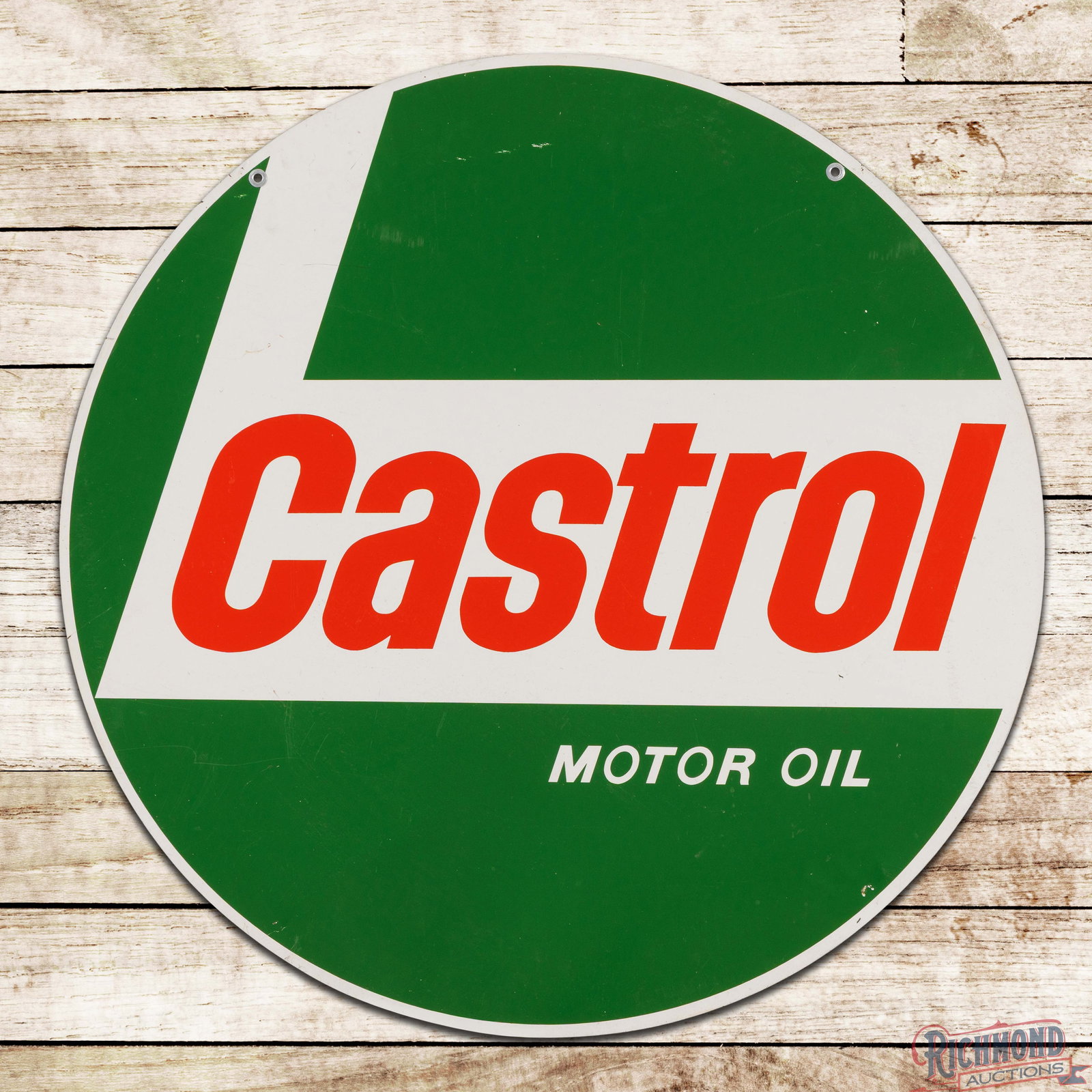 Castrol Motor Oil 30" Double Sided Tin Sign: DST (double sided tin) sign has excellent color and shine. Side #1 has light wear with faint paper marks in the lettering and more prevalent paper marks in the outer fields. The perimeter has a minor 