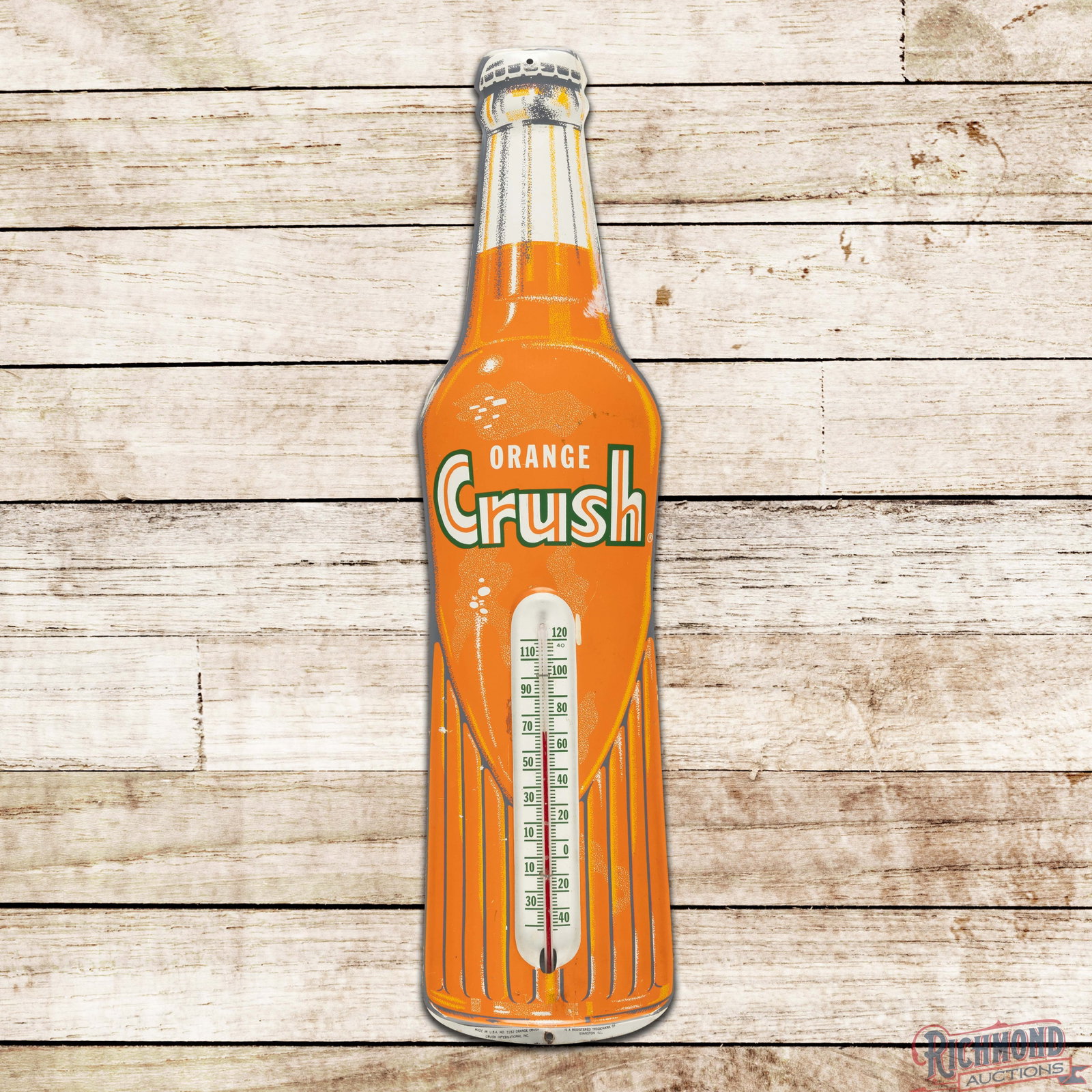 Orange Crush Single Sided Tin Die Cut Bottle Advertising Thermometer (1 of 3)