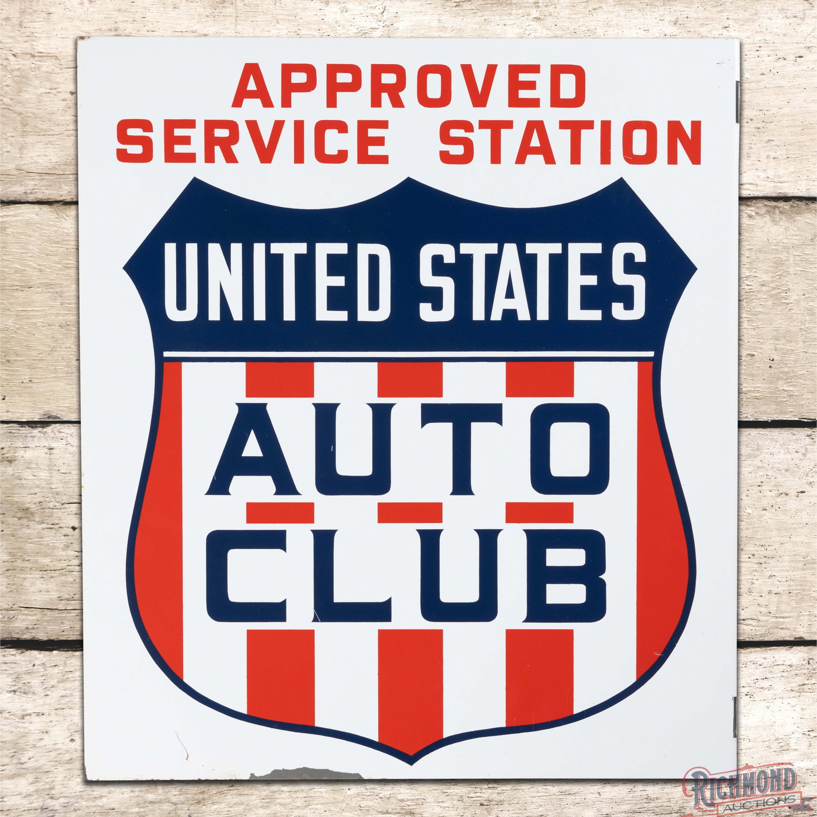 United States Auto Club Approved Service Station Double Sided Tin Flange Sign w/ Shield Logo (1 of 4)