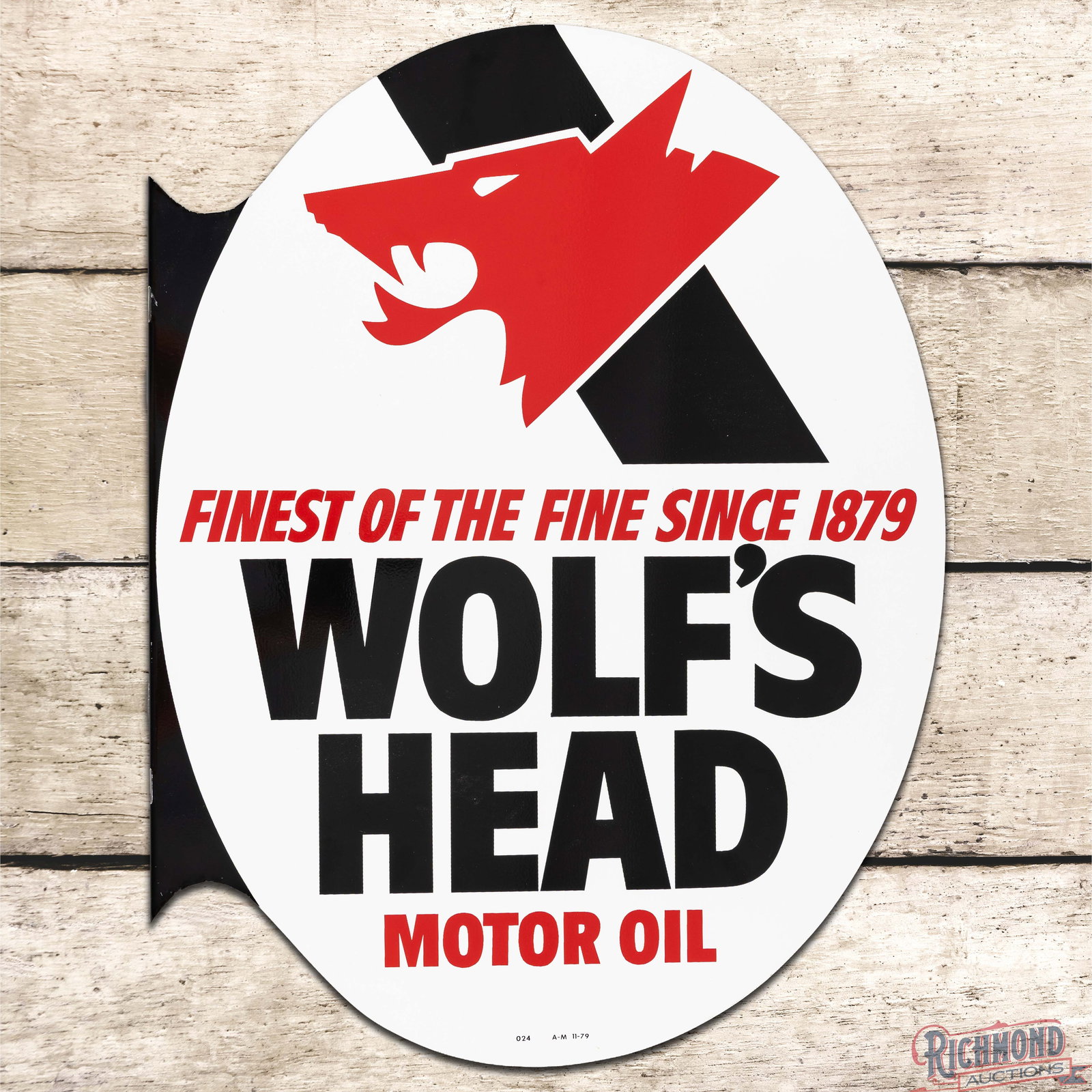 1979 Wolf's Head Motor Oil Double Sided Tin Flange Sign: DST (double sided tin) flange has excellent color and shine. The display is exceptionally clean overall with minor surface imperfections in the fields. The reverse has a fine scratch in the field with