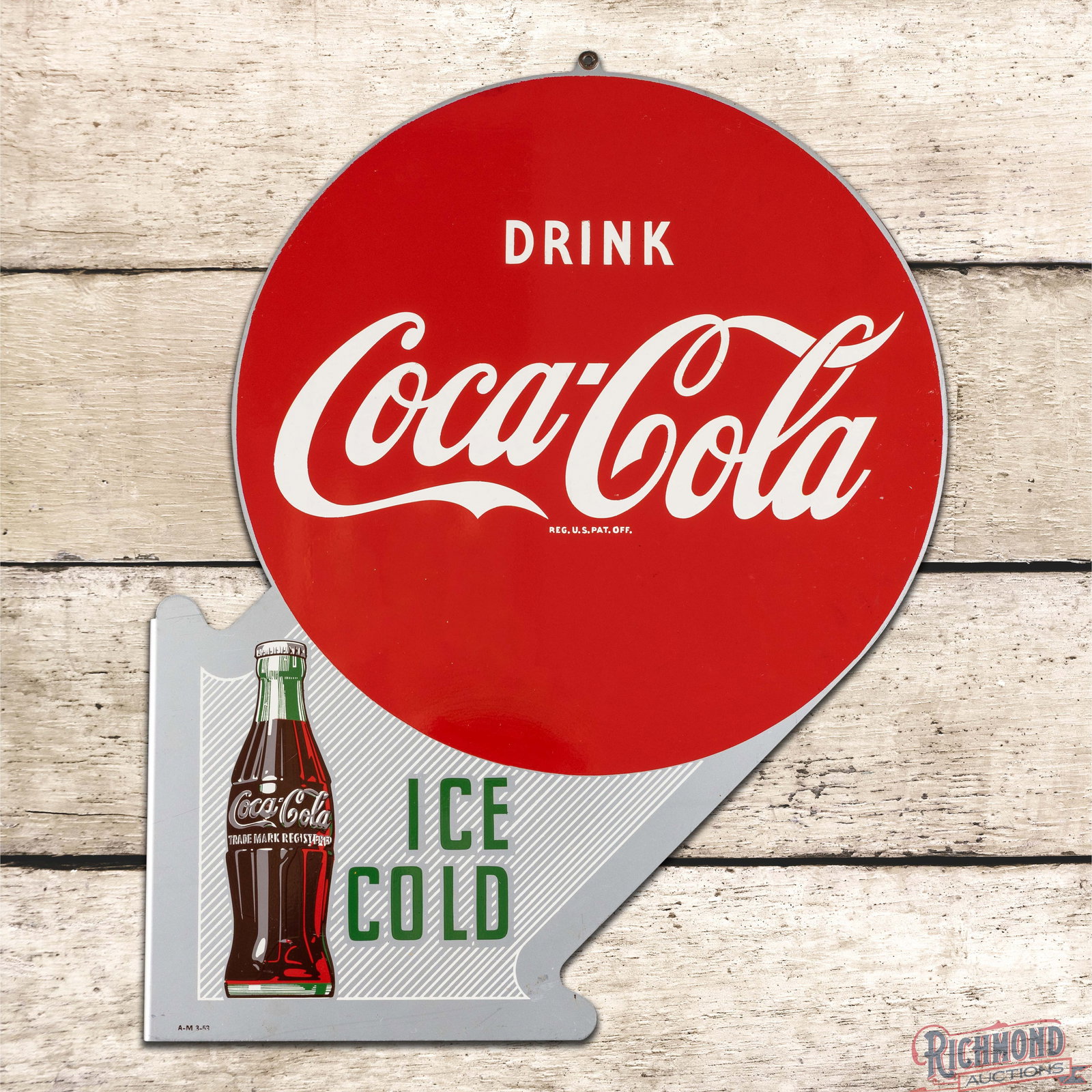1953 Drink Coca Cola Ice Cold Double Sided Tin Flange Sign w/ Bottle (1 of 4)