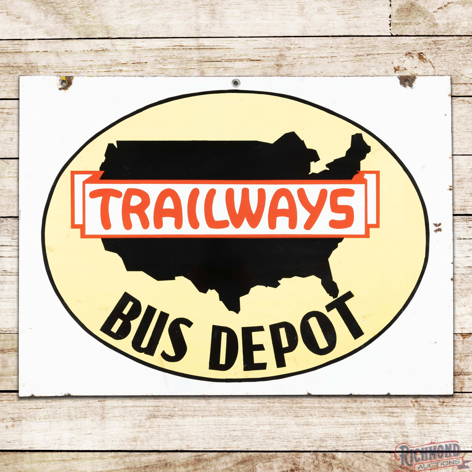 Trailways Bus Stop Double Sided Porcelain Sign w/ Logo: DSP (double sided porcelain) sign has very good color and gloss. Side #1 has light wear with small bruises and areas of discoloration in the outer fields. The perimeter has chips with areas of crazing