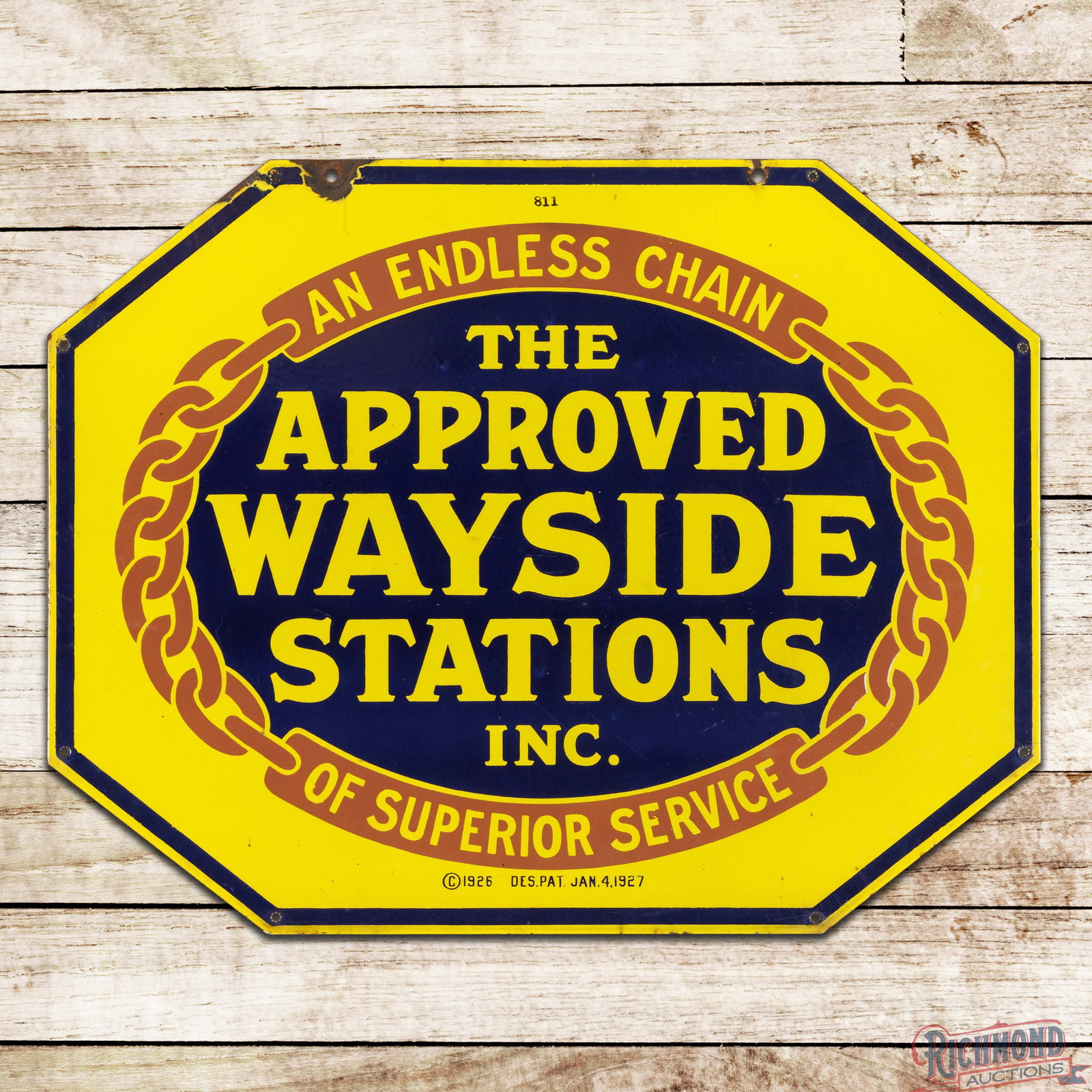 1920s Approved Wayside Stations "An Endless Chain of Superior Service" Double Sided Porcelain Sign: DSP (double sided porcelain) sign has excellent color and gloss. Side #1 has light wear with fine scratches in the fields. The perimeter has chips on the upper left corner with a minor bend at the mou