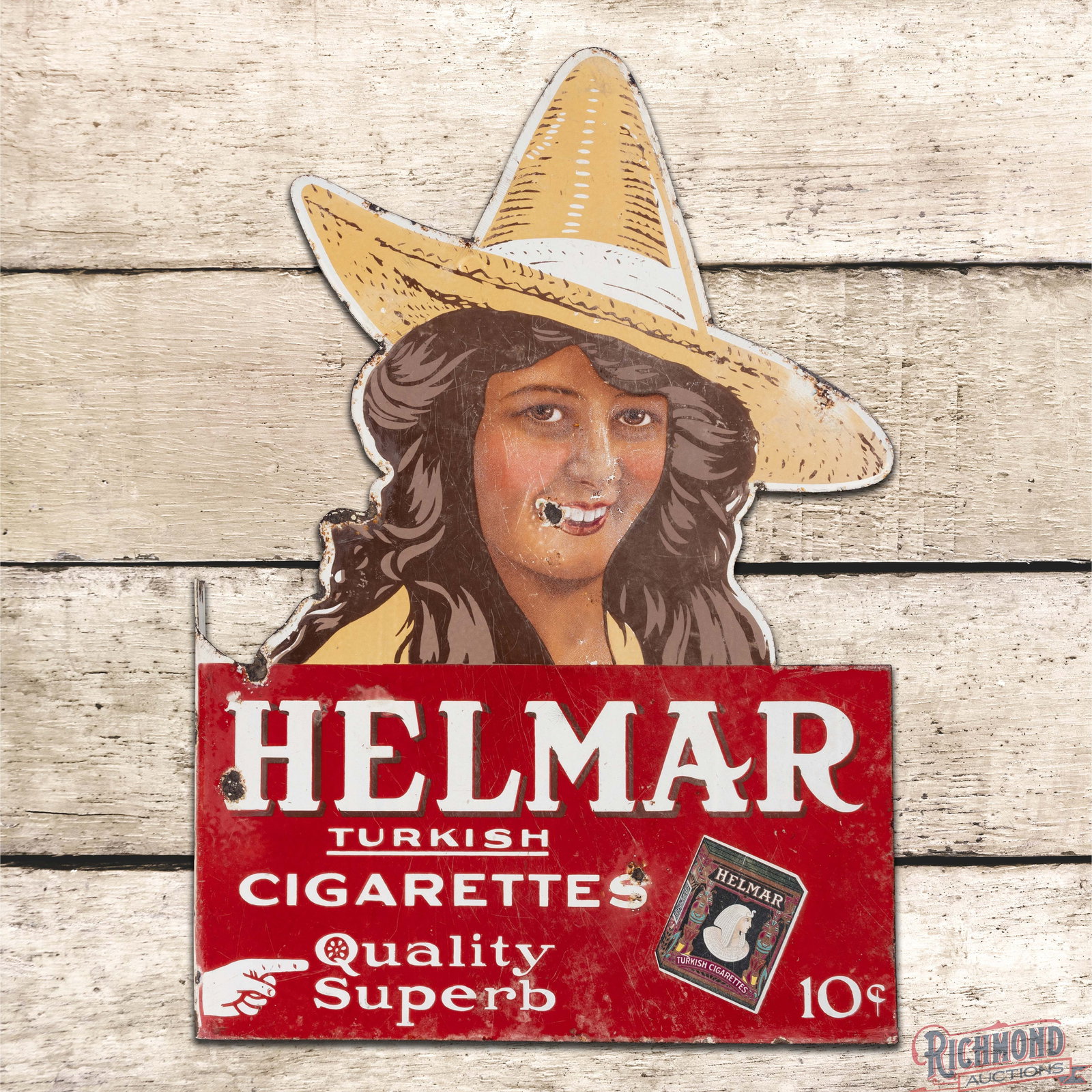 Helmar Turkish Cigarettes "Quality Superb" 10 Cents Double Sided Porcelain Flange Sign (1 of 4)