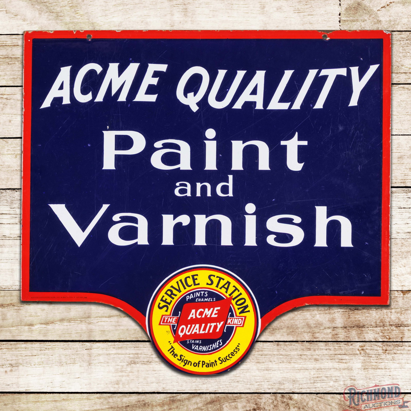 Acme Quality Paints & Varnishes Service Station Double Sided Porcelain Sign w/ Logo: DSP (double sided porcelain) die cut sign has excellent color and gloss. Side #1 is exceptionally clean with fine scratches and other light surface wear. The perimeter has chips along the upper edges.