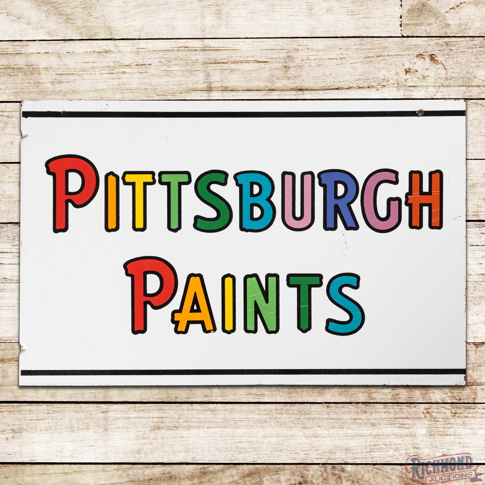 Pittsburgh Paints Double Sided Porcelain Flange Sign: DSP (double sided porcelain) flange has excellent color and gloss. The sign features twelve porcelain enamel colors. The display field has light wear with marks and tiny chips along the outer edges. T
