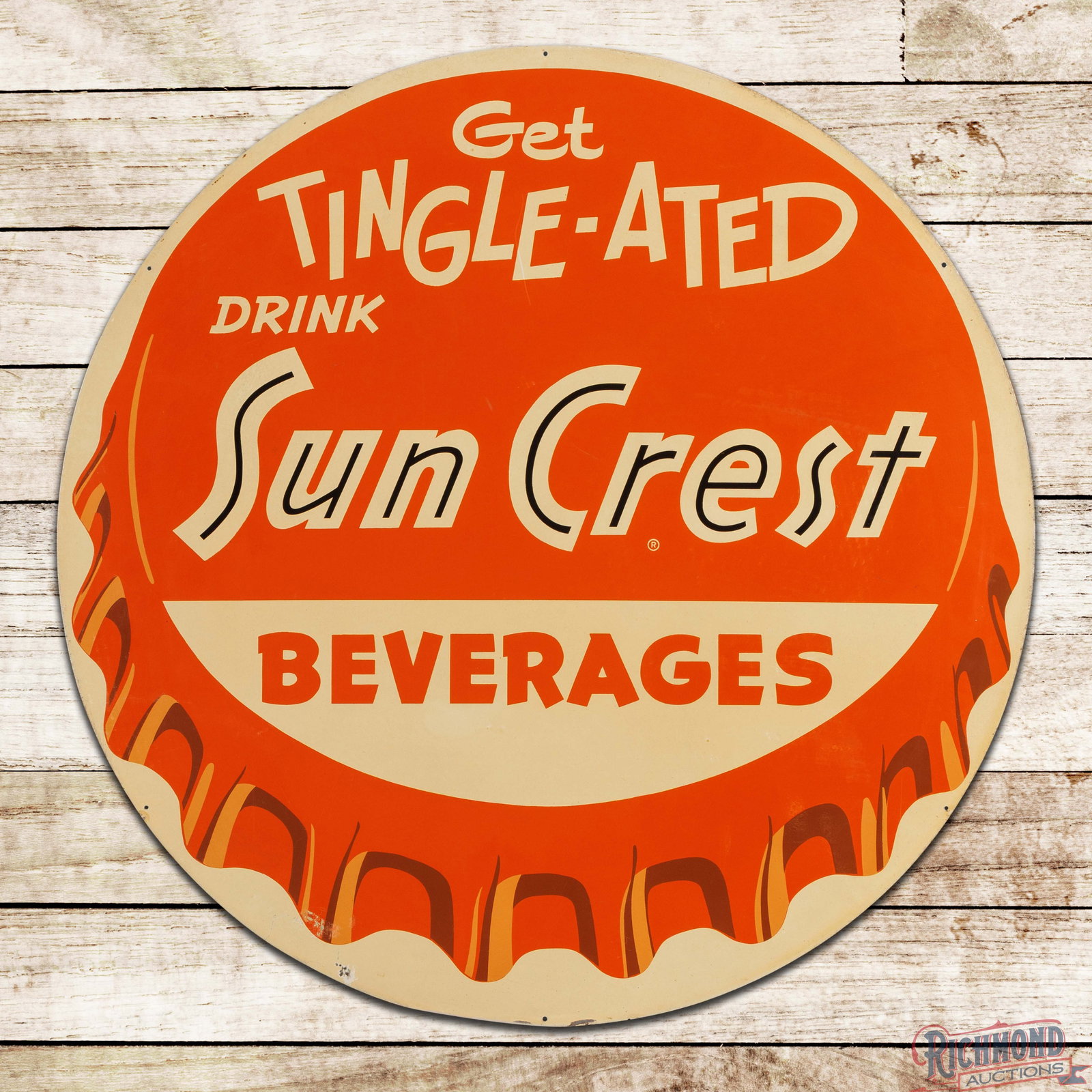 Drink Sun Crest Beverages "Get Tingle-Ated" 36" Single Sided Tin Bottlecap Sign (1 of 3)