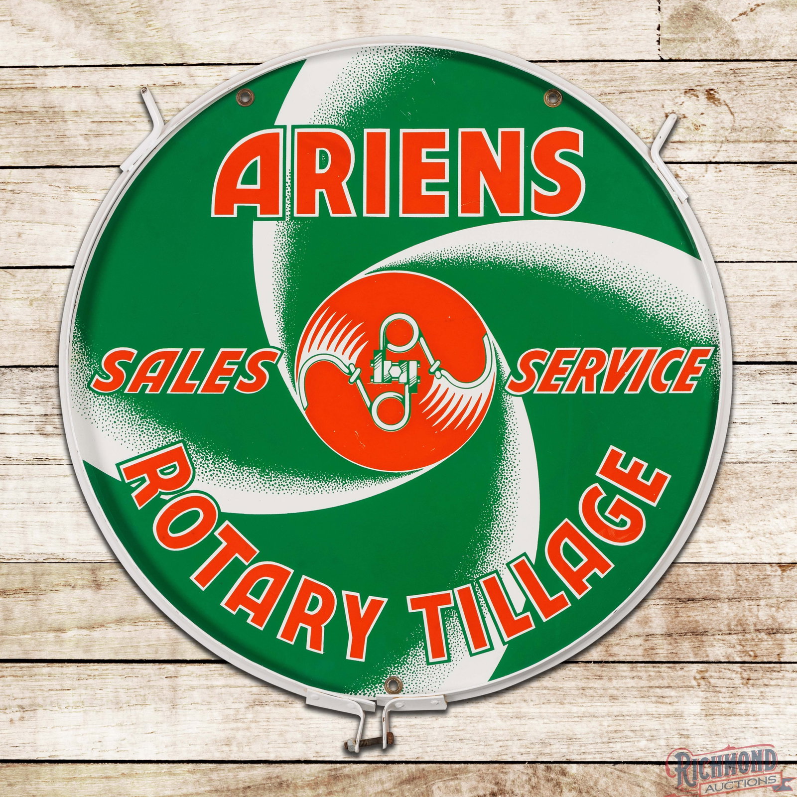 Ariens Rotary Tillage Sales & Service 30" Double Sided Porcelain Sign w/ Ring: DSP (double sided porcelain) sign with metal ring has outstanding color and gloss. The display is very clean overall with tiny flea bites in the fields and lower "Tillage" lettering. The reverse is in