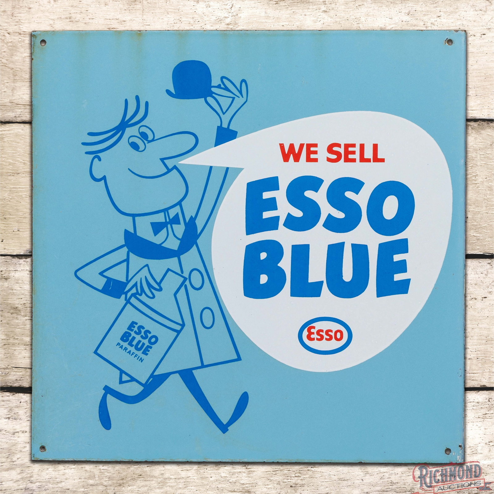 We Sell Esso Blue Gasoline Double Sided Porcelain Flange Sign w/ Attendant & Logo: DSP (double sided porcelain) flange has very good color and gloss. Side #1 has a clean field with light wear in the outer fields and discoloration along the outer edges. The reverse has a minor factor