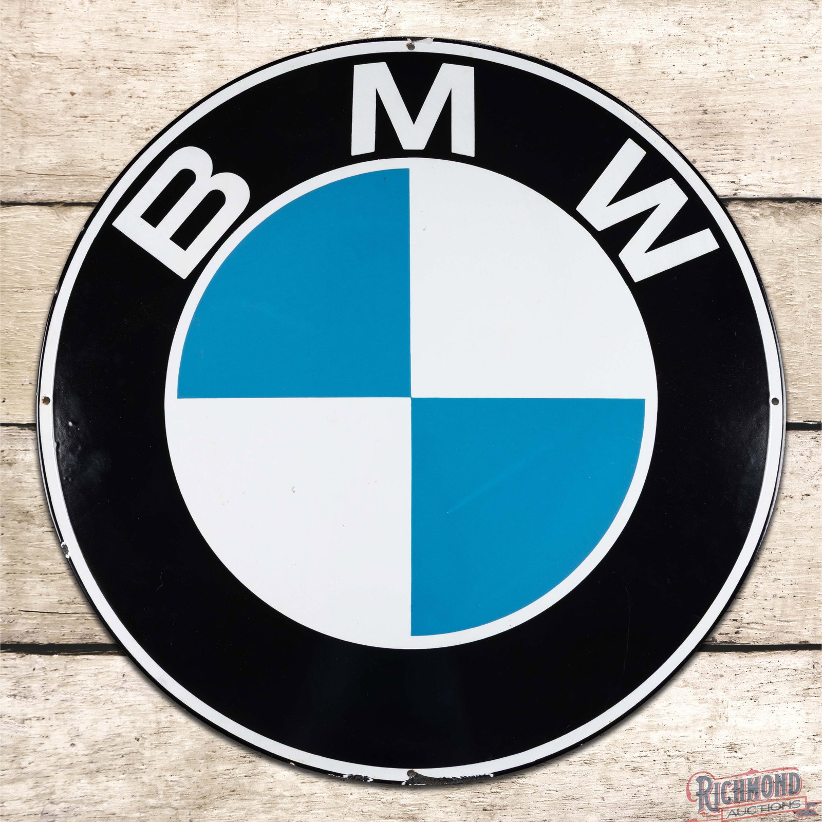 BMW Automobiles 23.5" Single Sided Porcelain Convex Sign w/ Logo: SSP (single sided porcelain) convex sign has excellent color and gloss. The field is exceptionally clean overall with a tiny nick in the lower left field and minimal surface marks. The perimeter has c