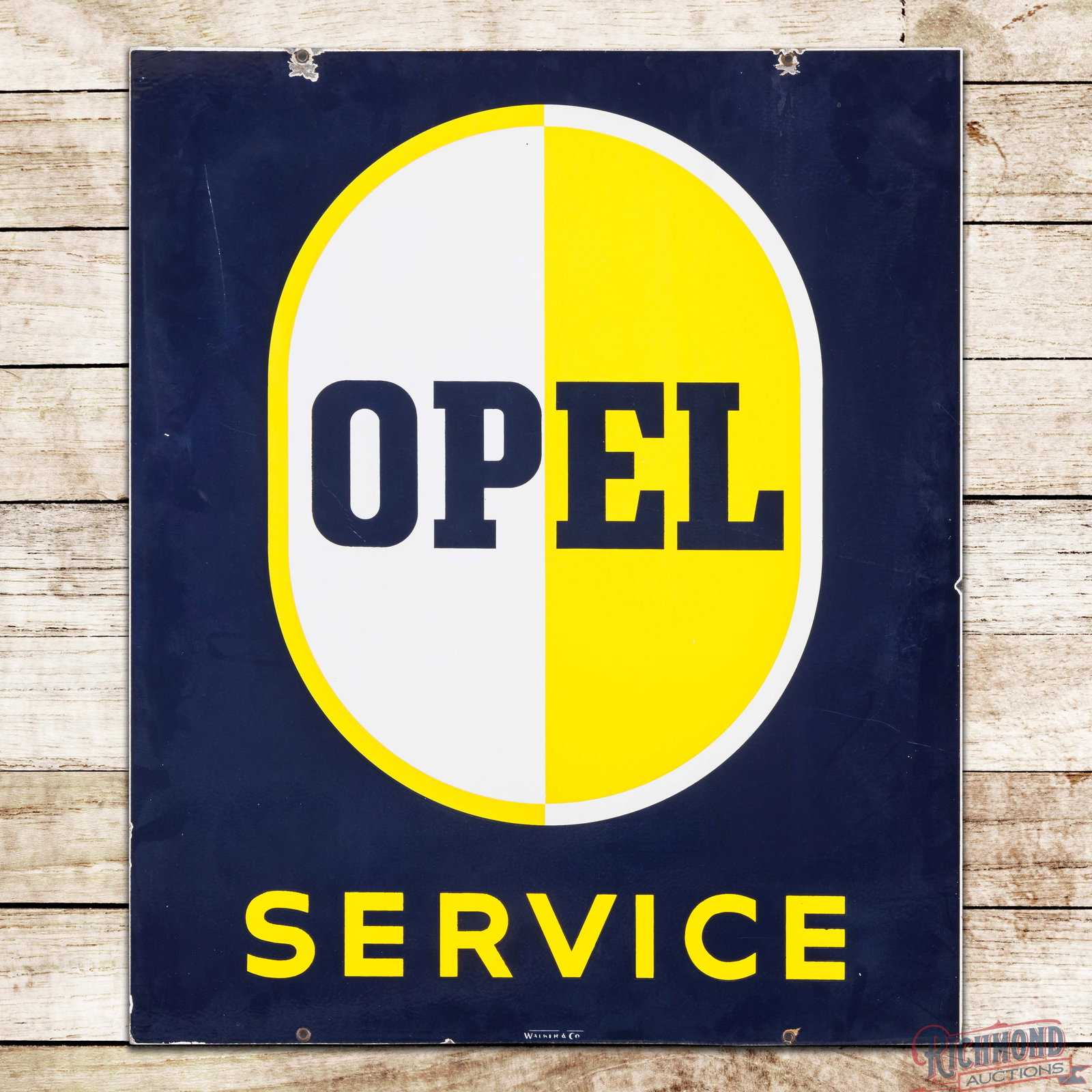 General Motors Opel Service 36" Double Sided Porcelain Sign w/ Logo: DSP (double sided porcelain) sign has excellent color and gloss. Side #1 has a clean field with light wear in the outer fields and small chips along the perimeter. The reverse is very similar to the d