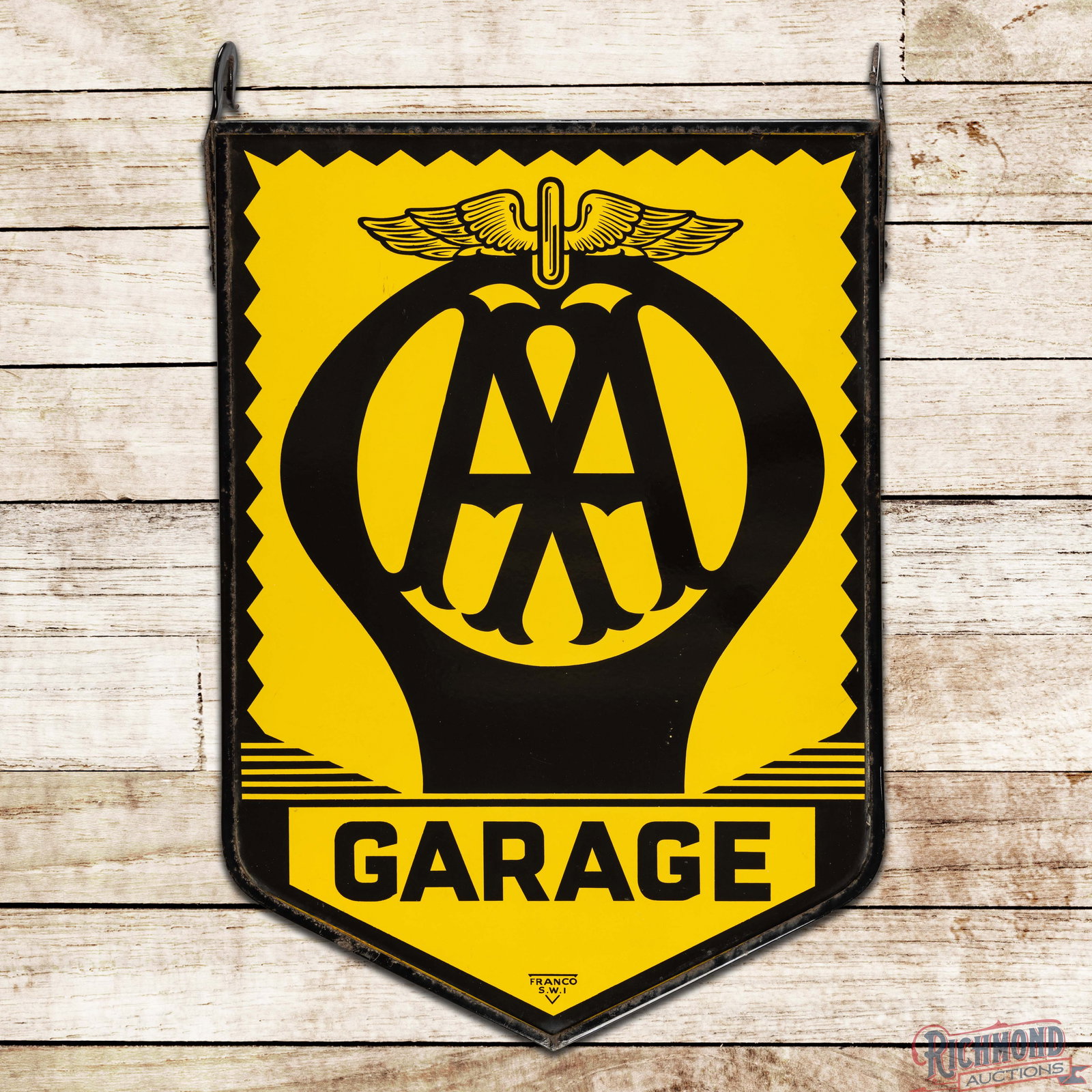 AA Garage Double Sided Porcelain Sign w/ Hanging Ring "Winged Logo": DSP (double sided porcelain) sign with the factory ring with hangers has excellent color and gloss. Side #1 is exceptionally clean with minor surface imperfections. The reverse is in a similar conditi