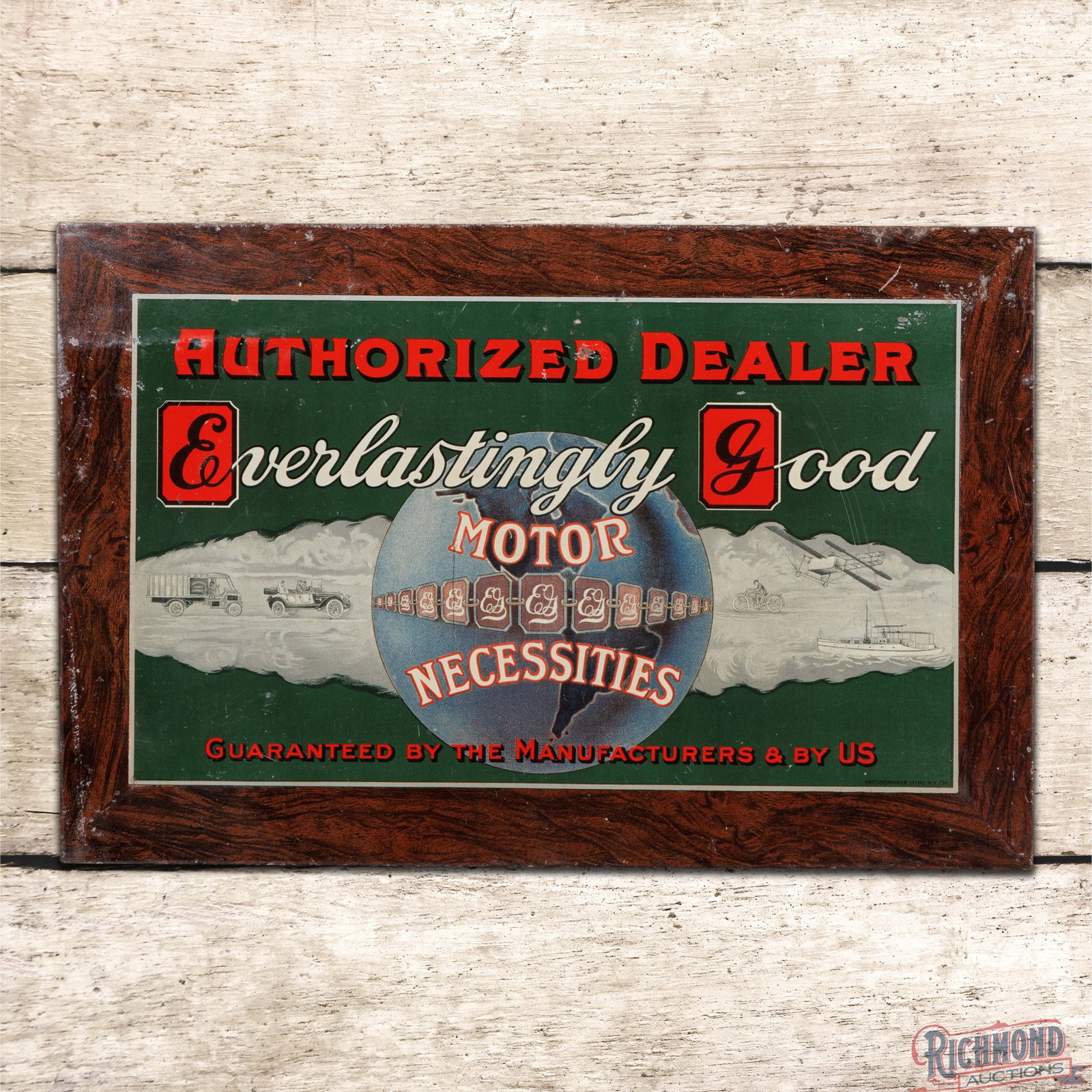 Everlasting Good Motor Necessities Authorized Dealer Tin Sign w/ Truck Auto Motorcycle Plane & Boat: SST (single sided tin) sign with a cardboard reverse has good color and shine. The field has light wear with fine scratches, small paint chips and tiny dings. The perimeter has similar wear with areas