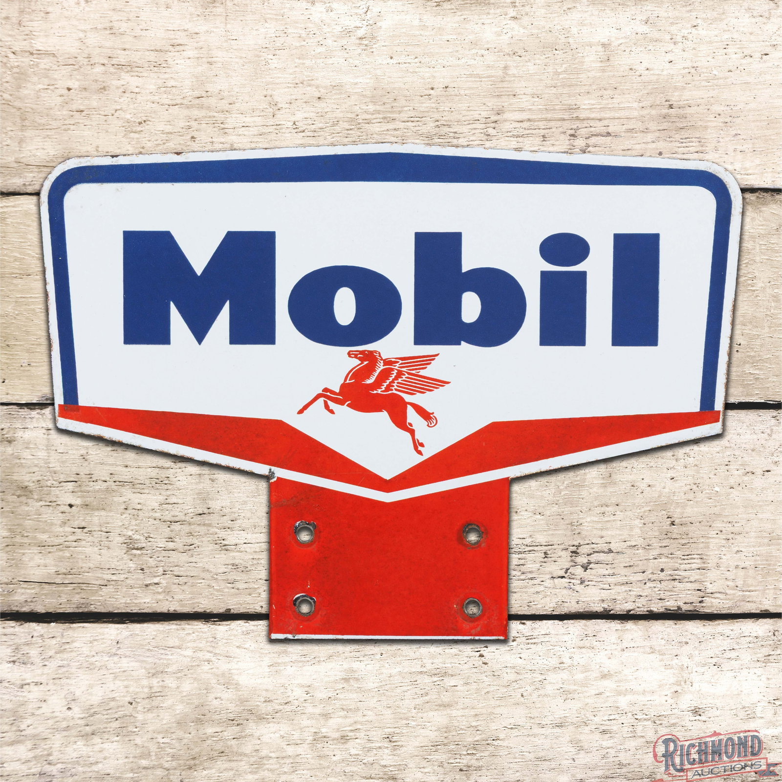 Mobil Single Sided Porcelain Lubester Paddle Sign w/ Pegasus: SSP (single sided porcelain) die cut sign has excellent color and gloss. The field is clean. The perimeter has areas of discoloration with small edge chips at the mounting holes and edges. Overall a s