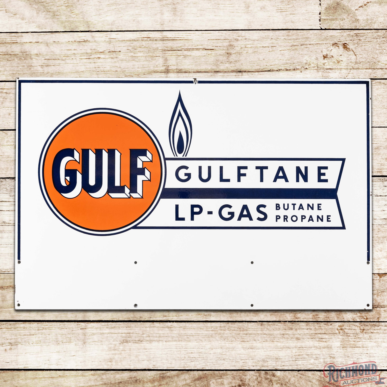 Gulf Gulftane LP-Gas Butane Propane Single Sided Porcelain Sign w/ Logo: SSP (single sided porcelain) rolled edge sign has excellent color and gloss. The field is clean, featuring a vibrant Gulf logo in the left field. The perimeter has light wear with small chips and an a