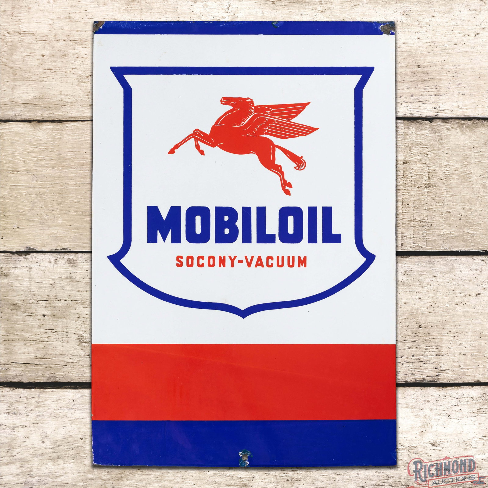 Mobiloil Socony-Vacuum Single Sided Porcelain Sign w/ Pegasus: SSP (single sided porcelain) sign has excellent color and gloss. The field is clean. The perimeter has small chips with areas of minor discoloration and tiny areas of color match. Overall an obscure M