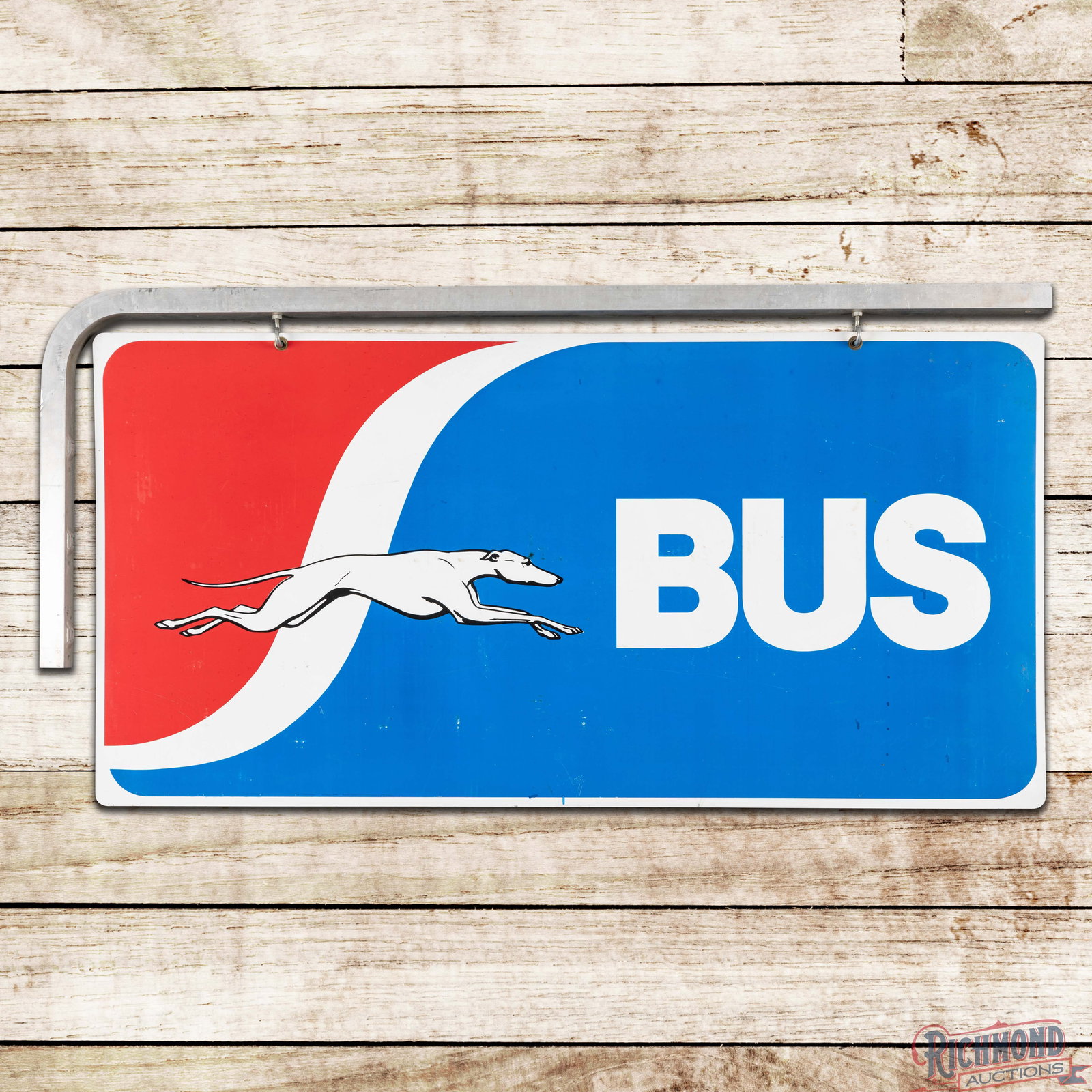 Greyhound Bus Lines Double Sided Tin Sign w/ Bracket: Double sided metal sign with the factory aluminum bracket has very good color and shine. The display has light wear and marks in the fields with fine scratches in the outer fields. The reverse has sli