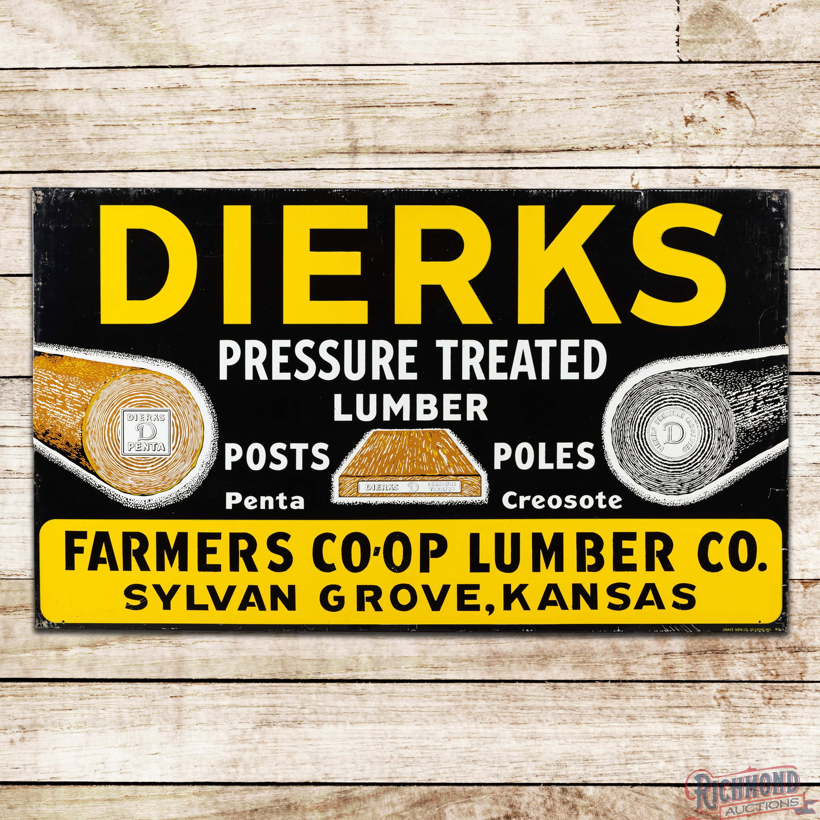 Dierks Pressure Treated Lumber 5' Single Sided Tin Sign: SST (single sided tin) sign with the factory wooden support frame has excellent color and shine. The field exhibits light wear with tiny paint chips. The perimeter has larger paint chips and scratches