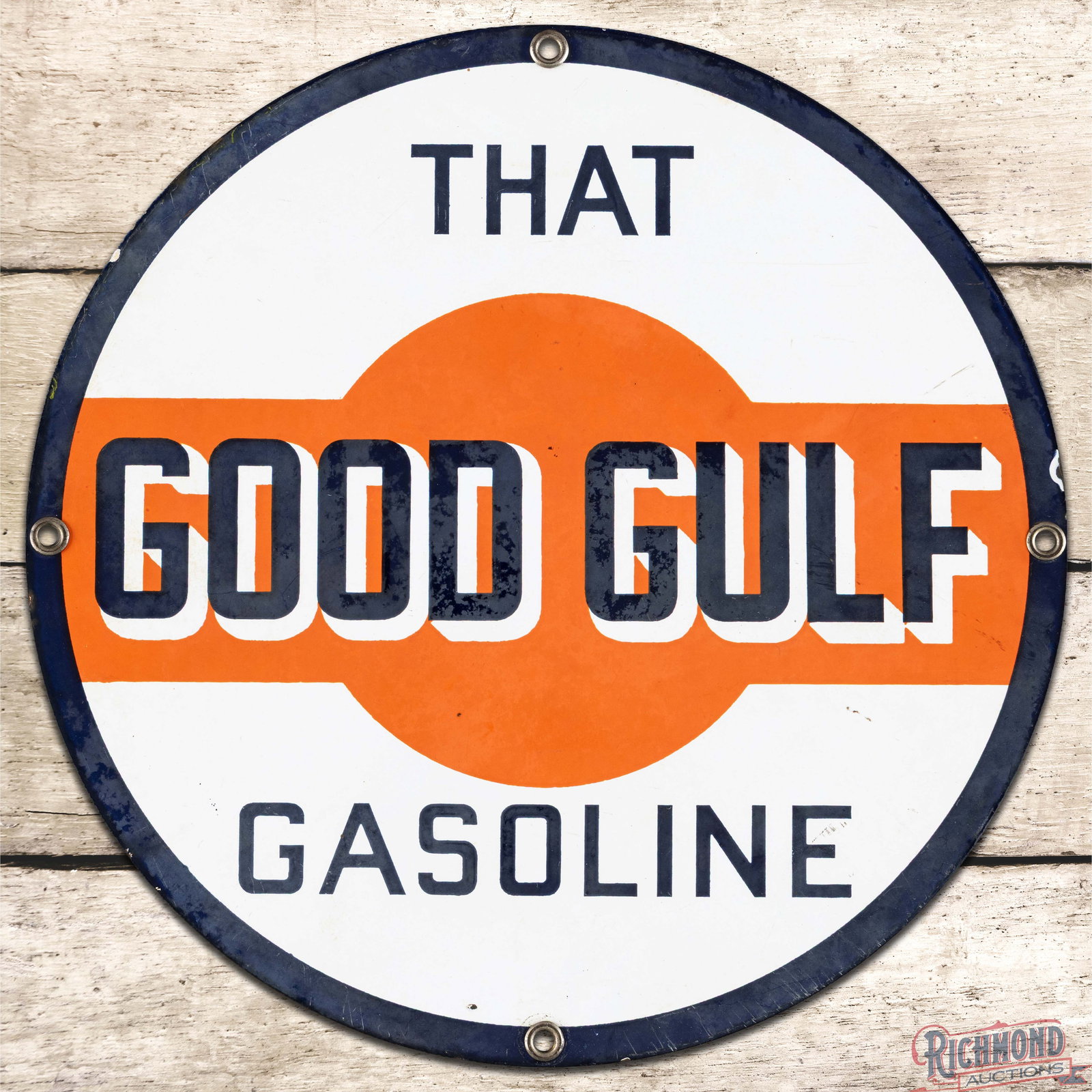That Good Gulf Gasoline Single Sided Porcelain Pump Plate Sign: SSP (single sided porcelain) sign has good color. The sign has light surface wear with areas of cloudiness and lower gloss. The perimeter has a flea bite near the lower mount hole with small chips alo