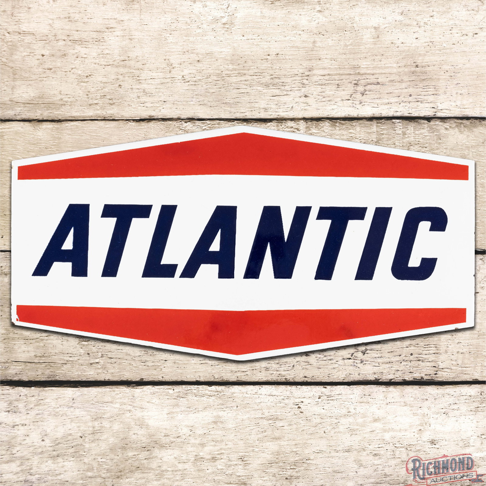 Atlantic Gasoline Die Cut Single Sided Porcelain Pump Plate Sign: SSP (single sided porcelain) die cut pump plate has excellent color and gloss. The field has minor surface imperfections with minor discoloration in the outer fields. The perimeter has tiny chips alon