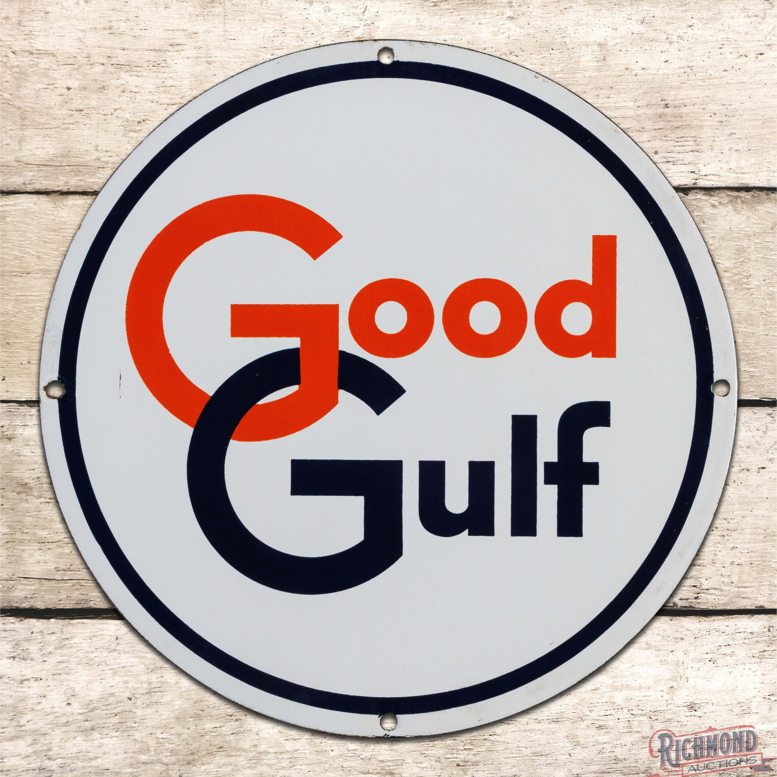 Good Gulf Gasoline Single Sided Porcelain Pump Plate Sign: SSP (single sided porcelain) sign has excellent color and gloss. The sign is very clean overall with a factory line blemish in the left outer field. Overall a clean example with vibrant porcelain enam