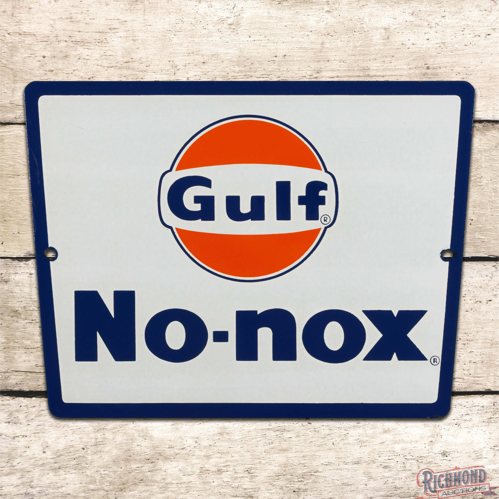 Gulf No-Nox Gasoline Single Sided Porcelain Pump Plate Sign w/ Logo: SSP (single sided porcelain) pump plate has excellent color and gloss. The field is clean with minor surface imperfections in the upper left field. The perimeter has a few small fine scratches on the 