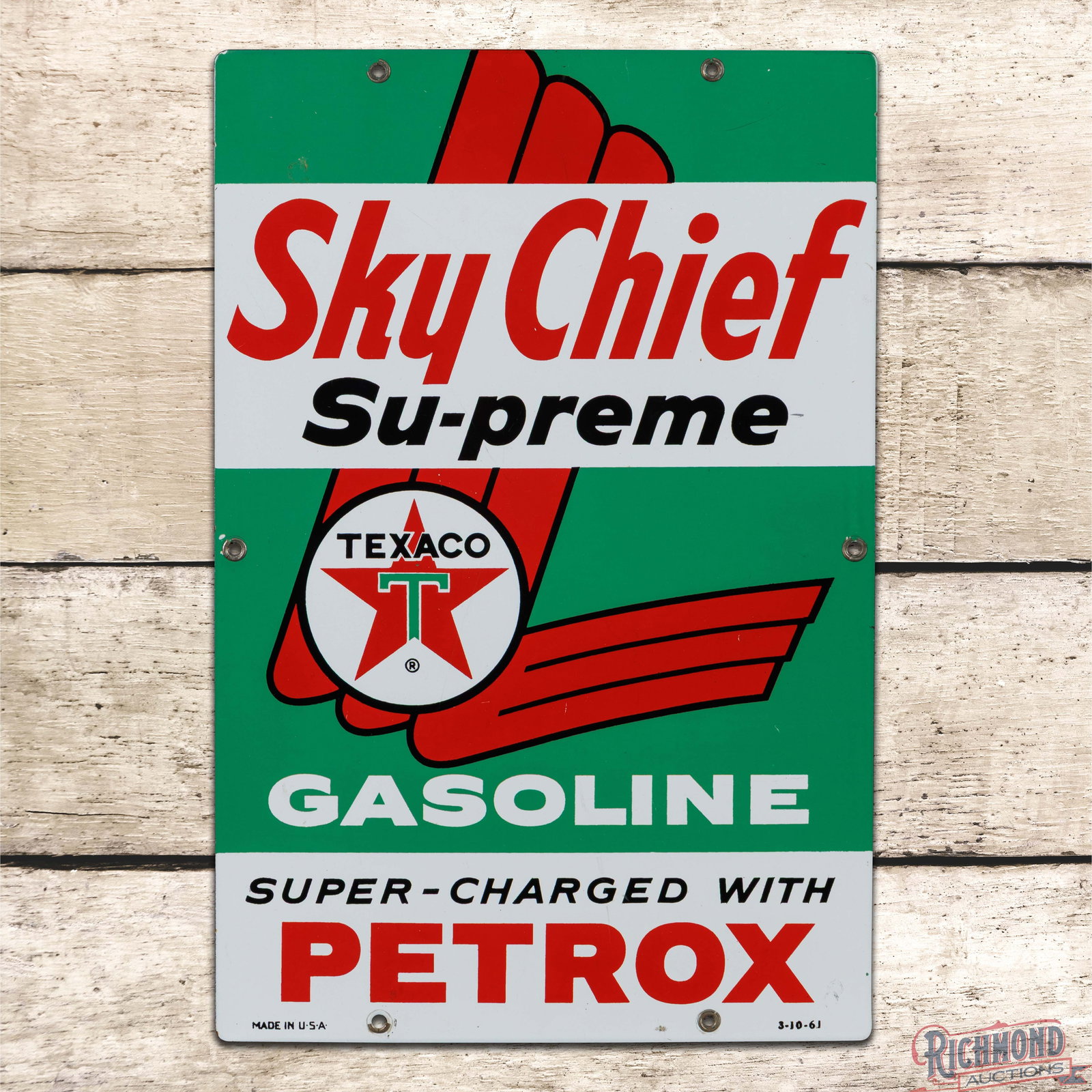 1961 Texaco Sky Chief Supreme Gasoline w/ Petrox Single Sided Porcelain Pump Plate Sign: SSP (single sided porcelain) sign has excellent color and gloss. The field has light wear with fine scratches and minor discoloration in the upper left field. The perimeter has tiny chips at some of t