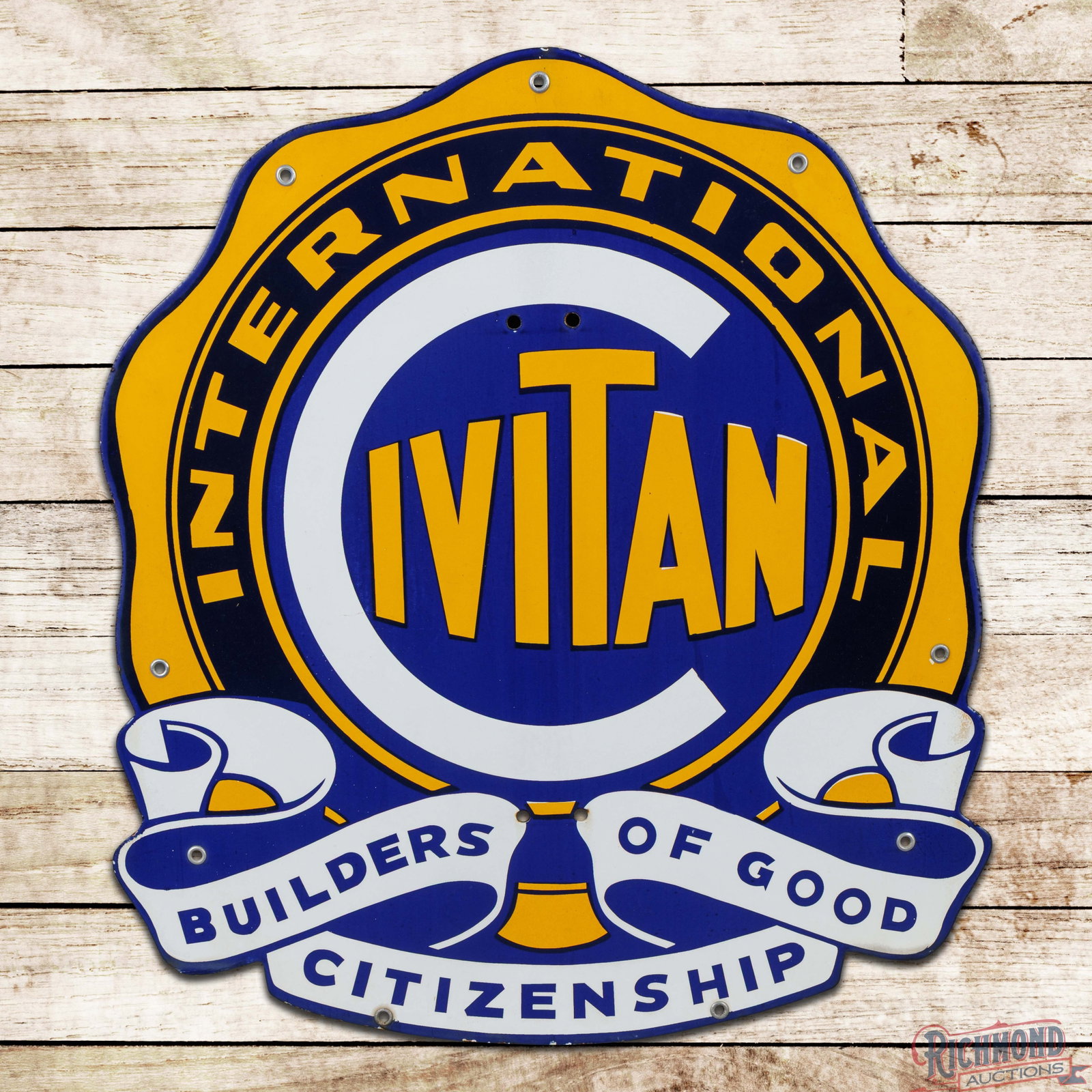 Civitan International "Builders of Good Citizenship" Die Cut Single Sided Porcelain Sign (1 of 3)