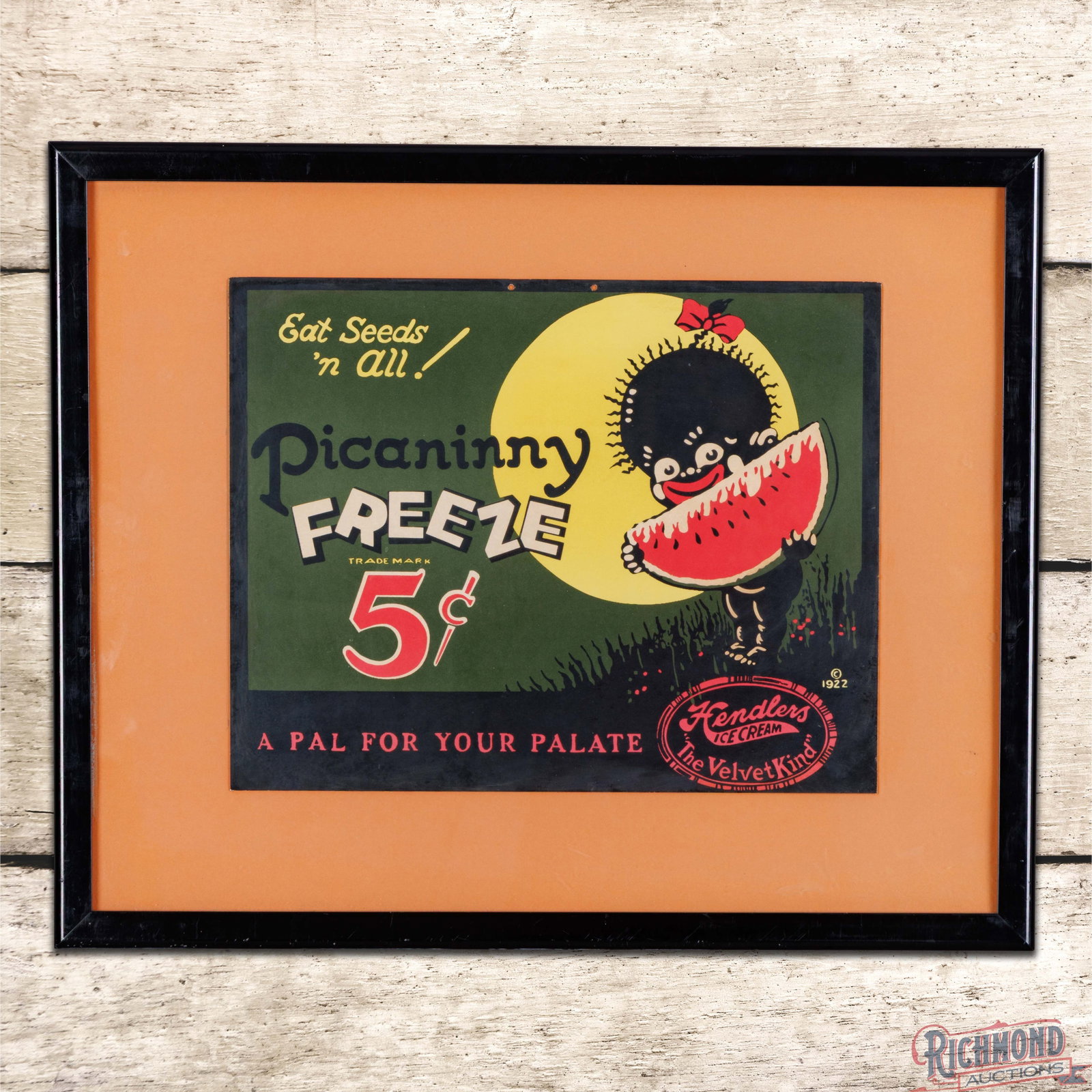 Hendlers Ice Cream Picaninny Freeze 5 Cents Framed Cardboard Sign: Single sided cardboard sign has been framed under glass. The sign has a clean field with minor wear along the outer edges. The frame and glass are in very good condition. 17.25" H x 21.25" W. Conditio