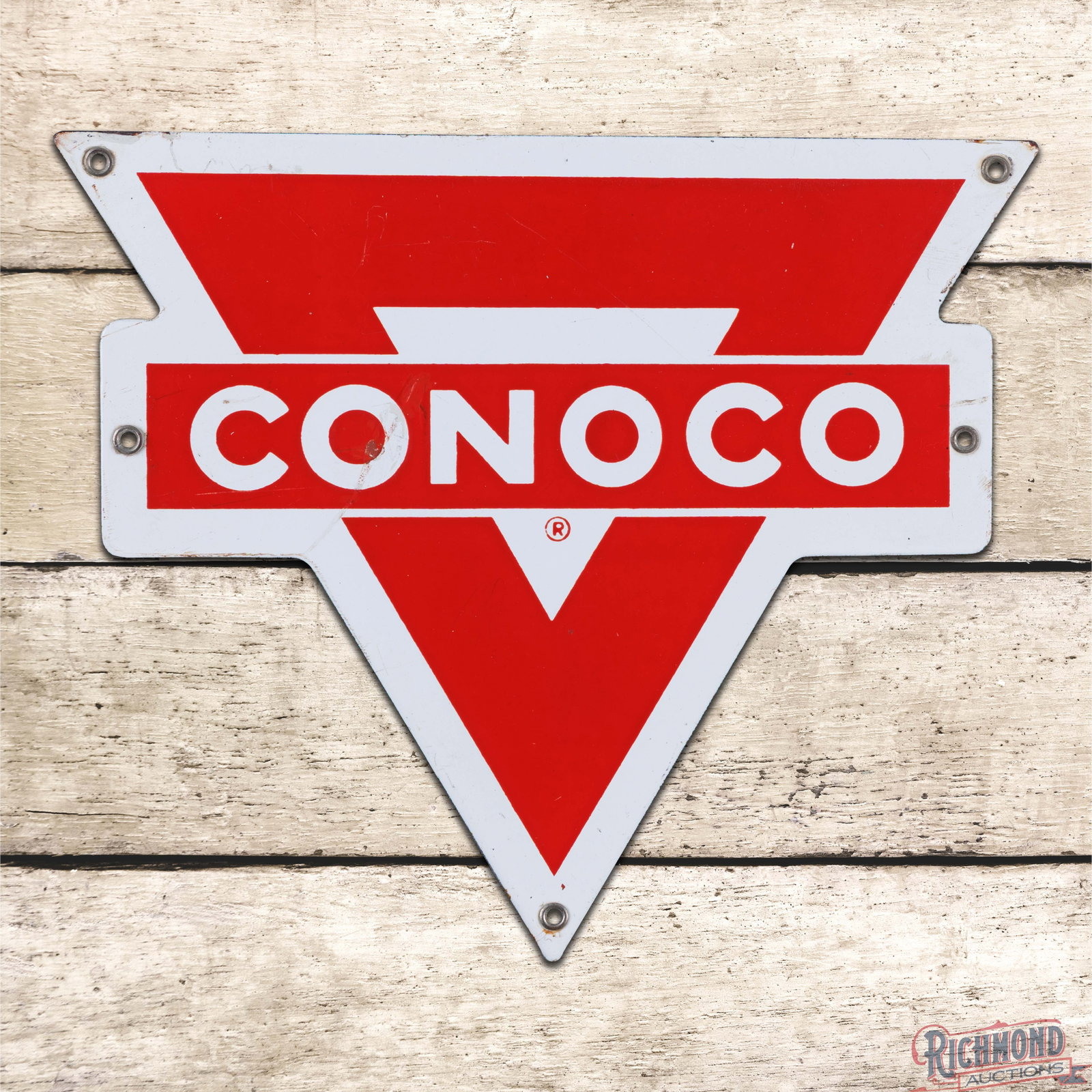 Conoco Motor Oils Die Cut Single Sided Porcelain Sign: SSP (single sided porcelain) die cut sign has excellent color and gloss. The field has light wear with a small chip with color match at the first "O" in Conoco. The perimeter has light wear and small 