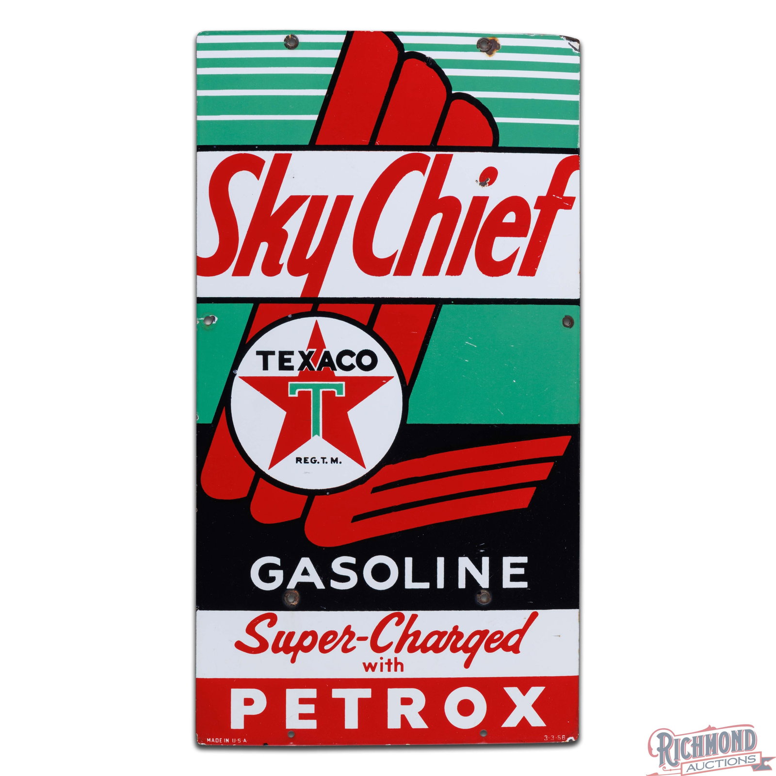 1956 Sky Chief Gasoline Super Charged w/ Petrox Single Sided Porcelain Pump Plate Sign "Large" - 2