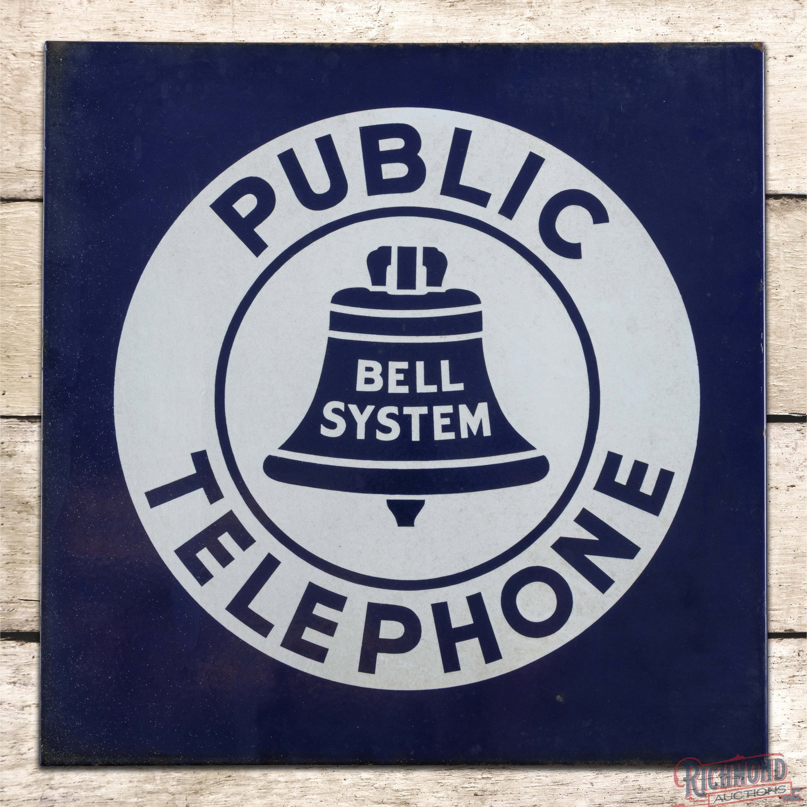 Bell System Public Telephone Double Sided Porcelain Flange Sign w/ Logo: DSP (double sided porcelain) sign has good color and gloss. The field has an area of discoloration in the left field with areas of cloudiness in the blue in the outer fields and perimeter. The reverse