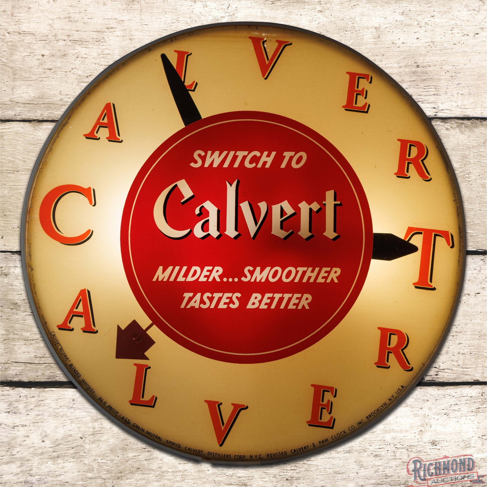 Switch to Calvert "Milder Smoother Tastes Better" 15" PAM Lighted Advertising Clock w/ Orig. Box: Lighted PAM advertising clock with the original box works properly. The internal face is in very good condition with small paint chips along the outer edges. The second hand exhibits repaint and the o