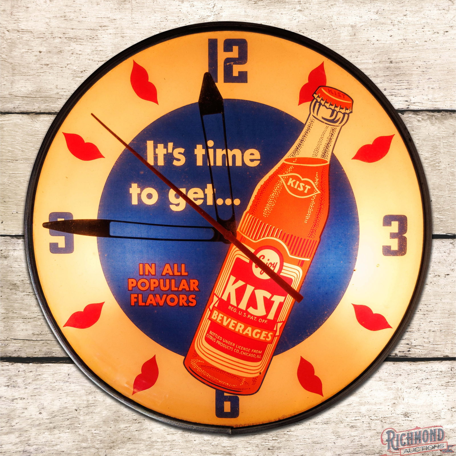 Enjoy Kist "In All Popular Flavors" 15" Pam Lighted Advertising Clock w/ Bottle (1 of 4)