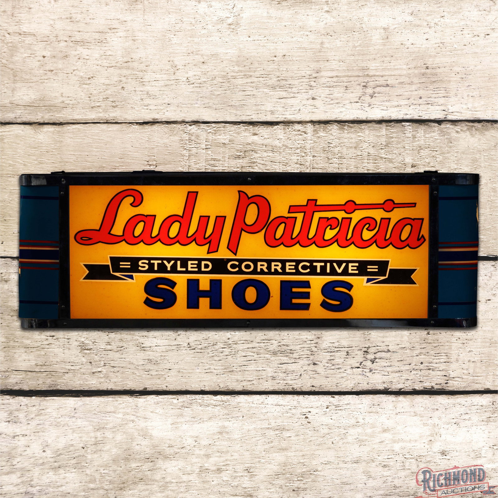 Lady Patricia Styled Corrective Shoes Reverse on Glass Lighted Advertising Sign: Reverse on glass lighted advertising sign works properly. The glass face has excellent color with minor spotting. The plastic bullnose corner inserts have cracks with the insert on the left having are