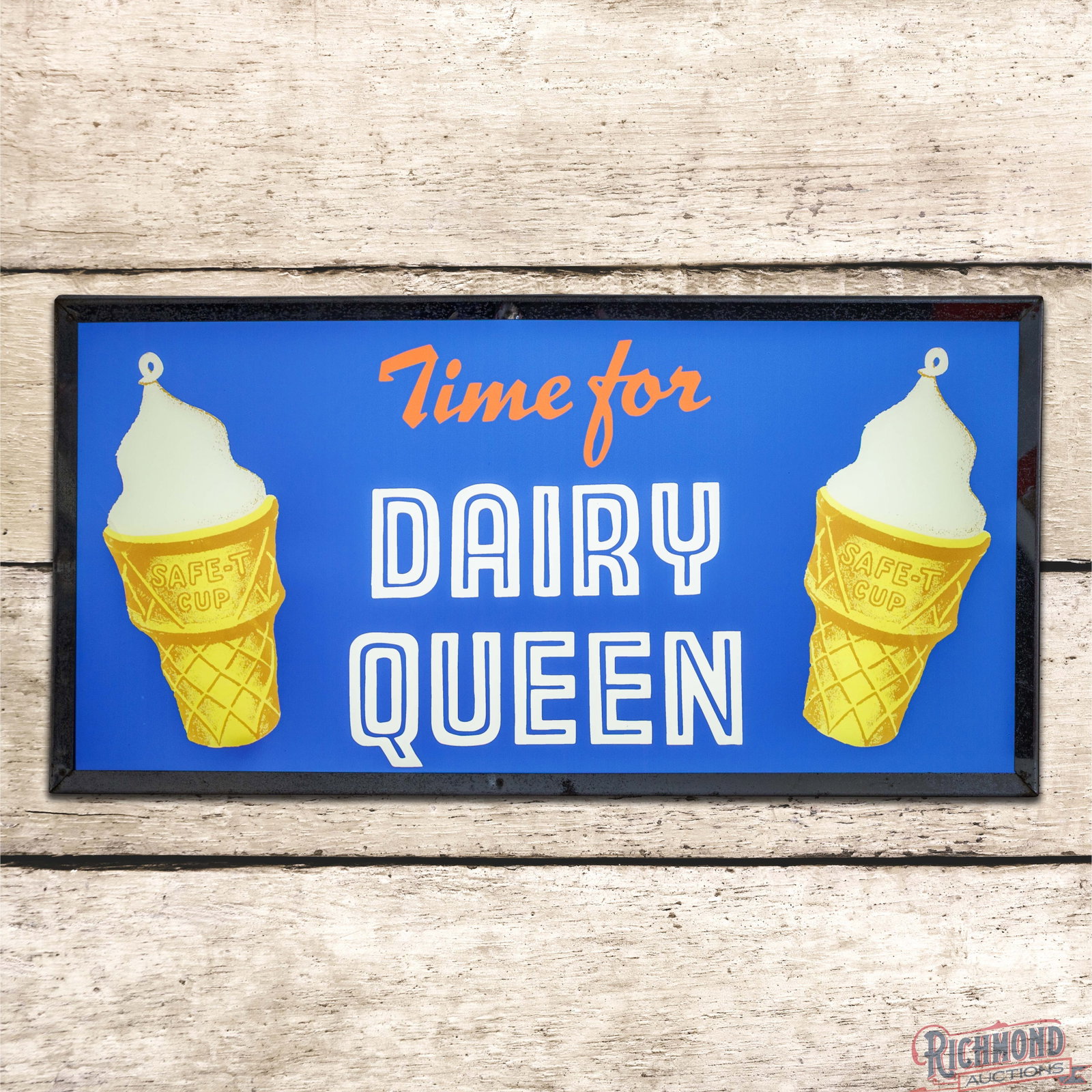 Time for Dairy Queen 20" Lighted Reverse on Glass Advertising Sign w/ Safe T Cup Cones: Reverse on glass sign with a metal can works properly. The glass face has been replaced. It has excellent color with a crack along the left hand side. The metal can features original paint with areas 